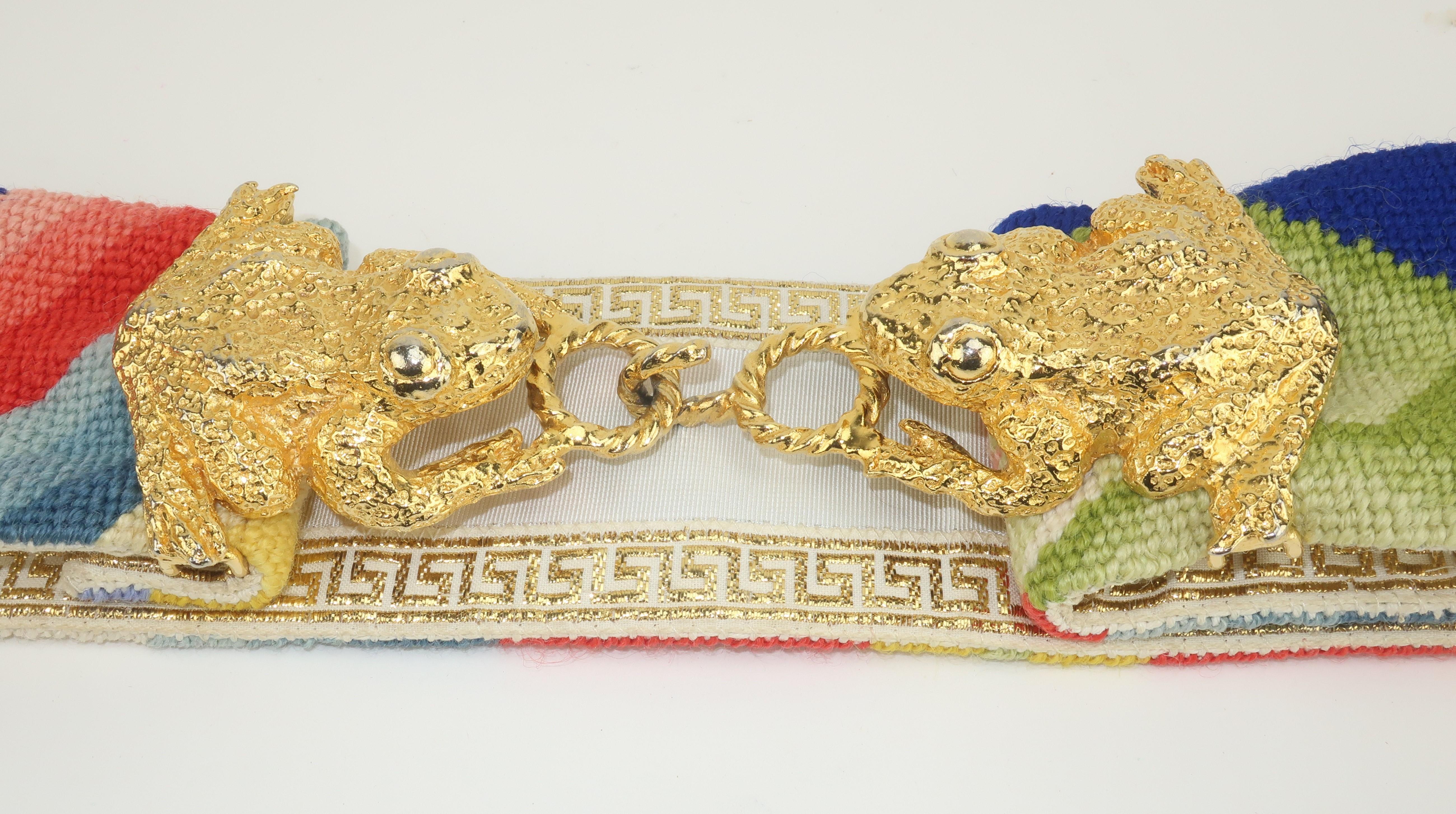 Mimi di N Large Frog Buckle With Needlepoint Belt, 1972 In Good Condition In Atlanta, GA