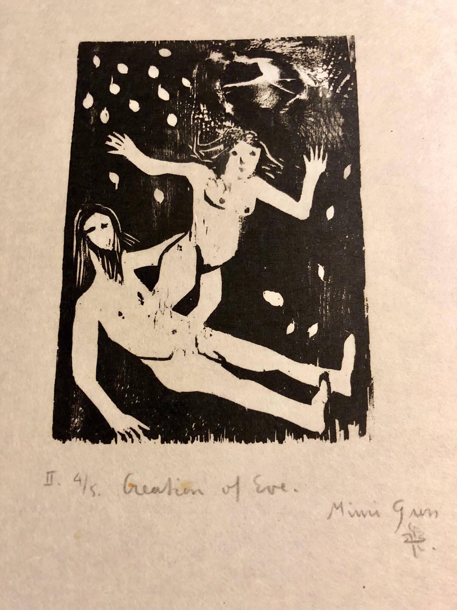 Woodcut Print, 'Creation of Eve' Bible Scene Signed Small Edition  - Beige Nude Print by Mimi Gross