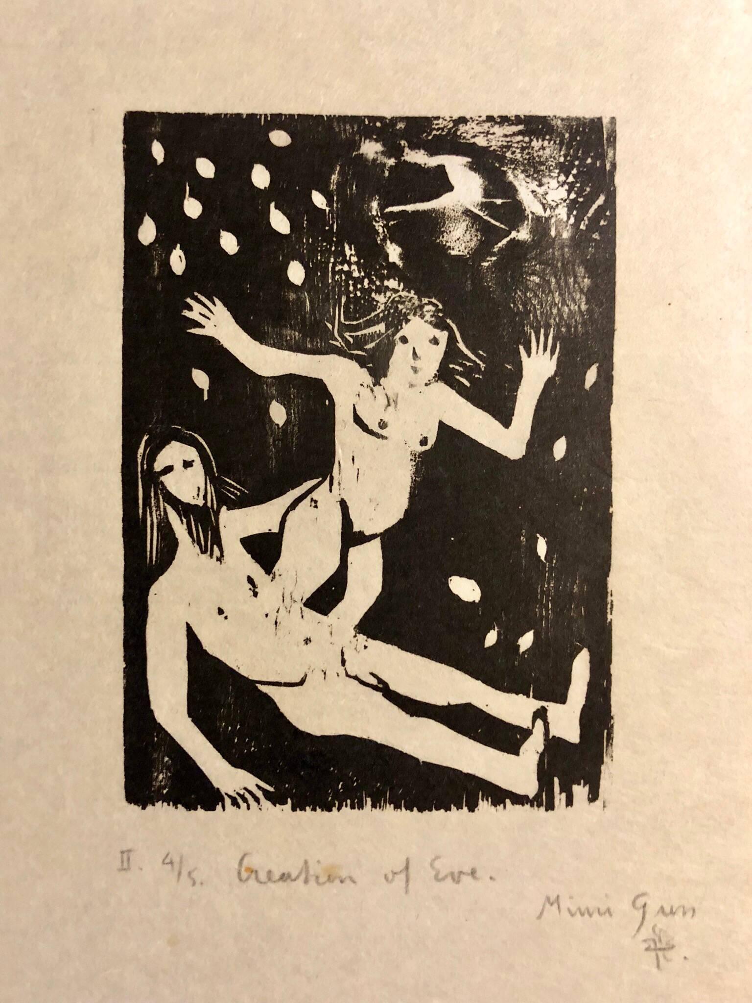 Mimi Gross Nude Print - Woodcut Print, 'Creation of Eve' Bible Scene Signed Small Edition 