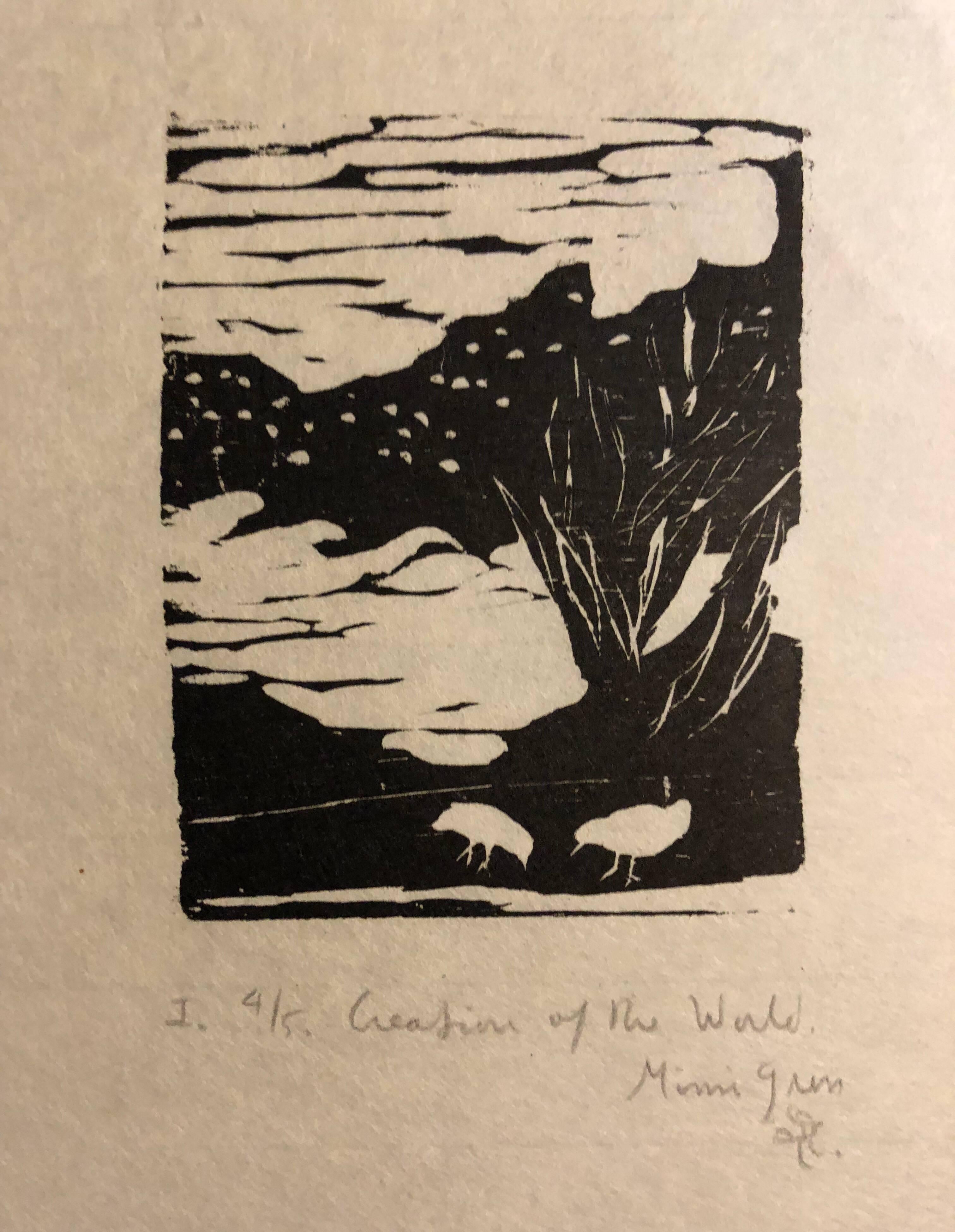Mimi Gross Figurative Print - Woodcut Print, 'Creation of the World' Bible Scene Signed Small Edition 