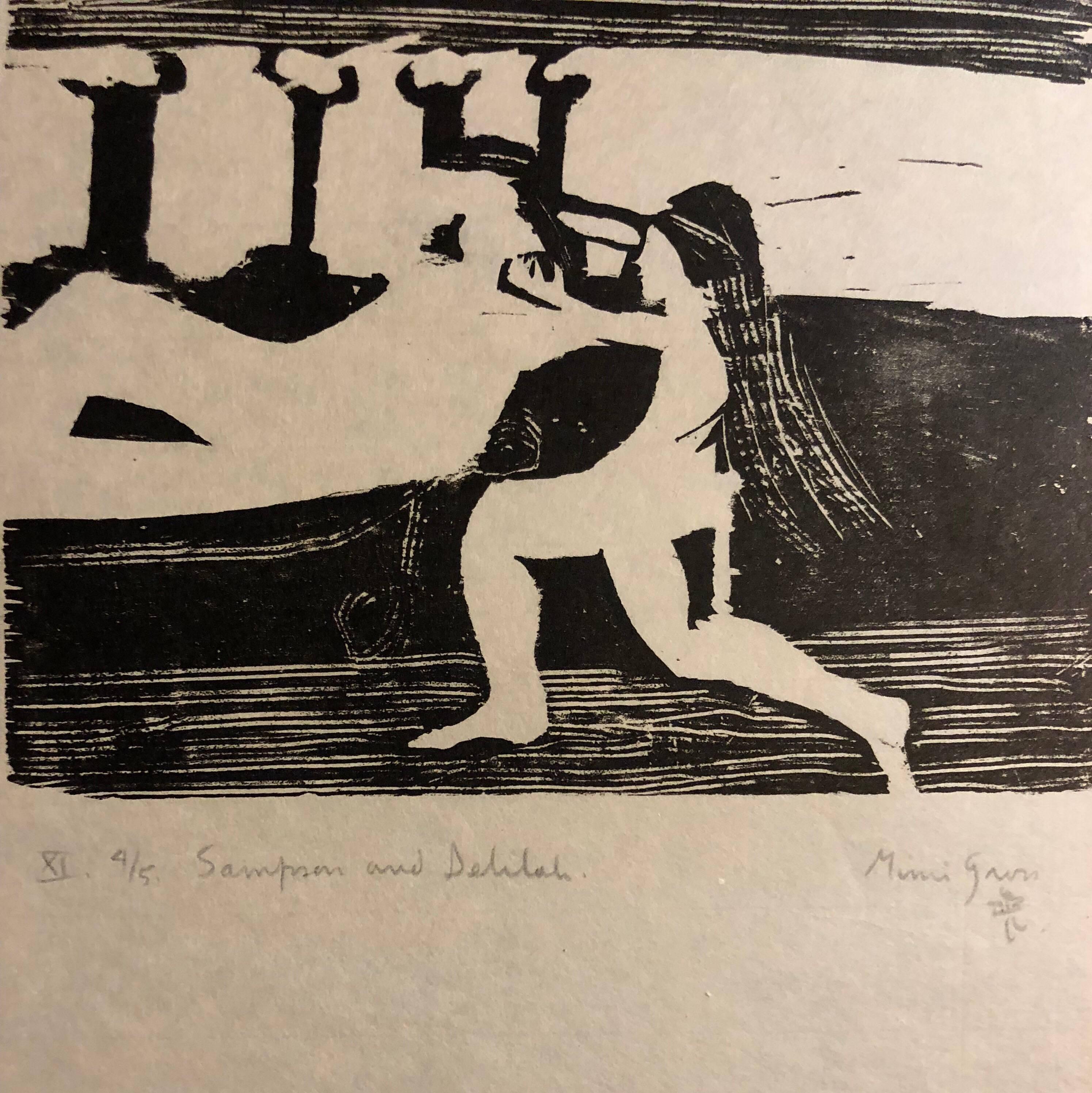 Woodcut Print, 'Samson and Delilah' Bible Scene Signed Small Edition  - Beige Figurative Print by Mimi Gross