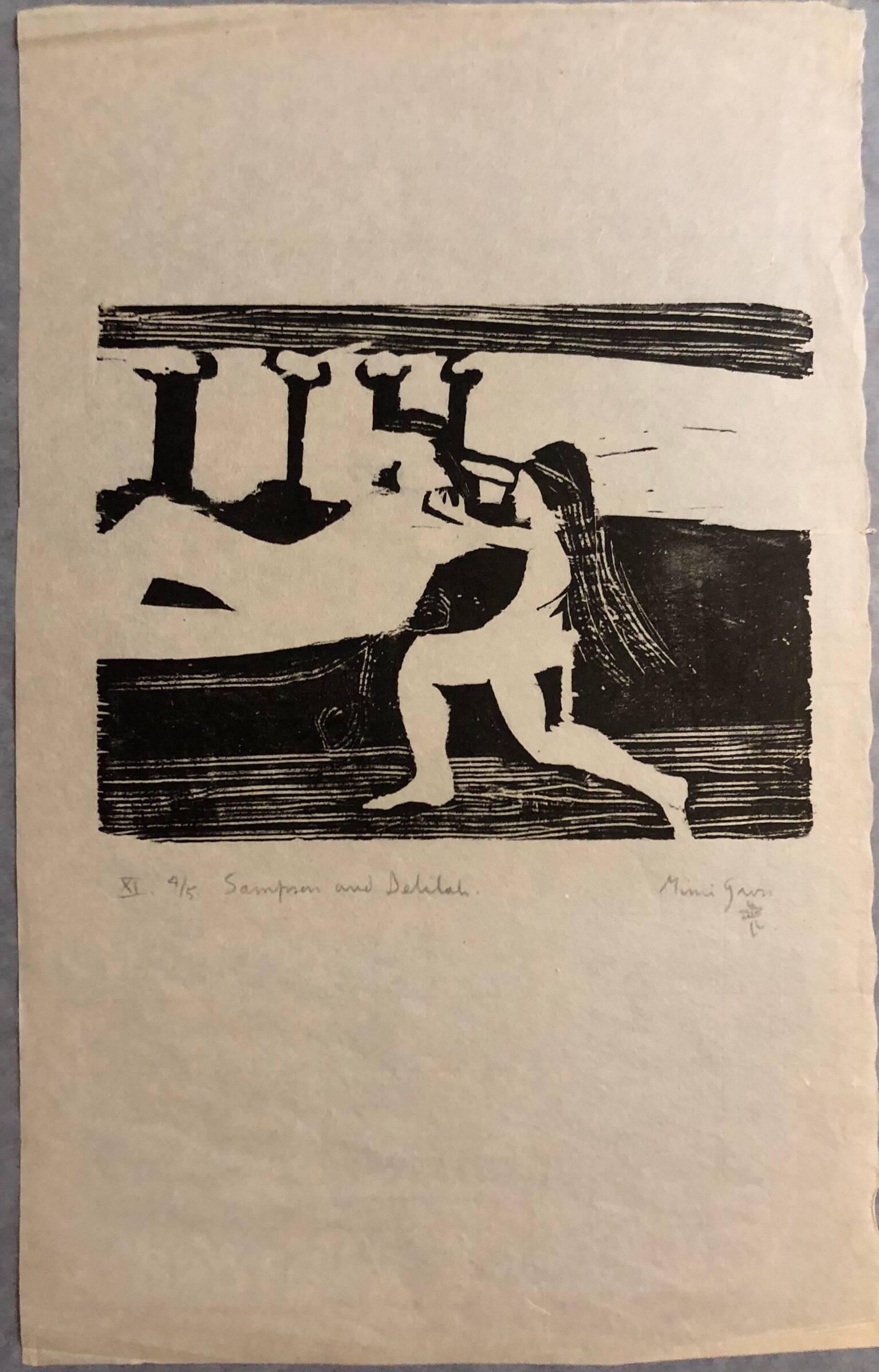 from a portfolio of Biblical woodcut prints. these are pencil signed, titled and numbered 4/5. This one is 'Samson and Delilah '. woodblock prints on a thin tissue like paper. the image is well away from the margins. the margins all have wear. we