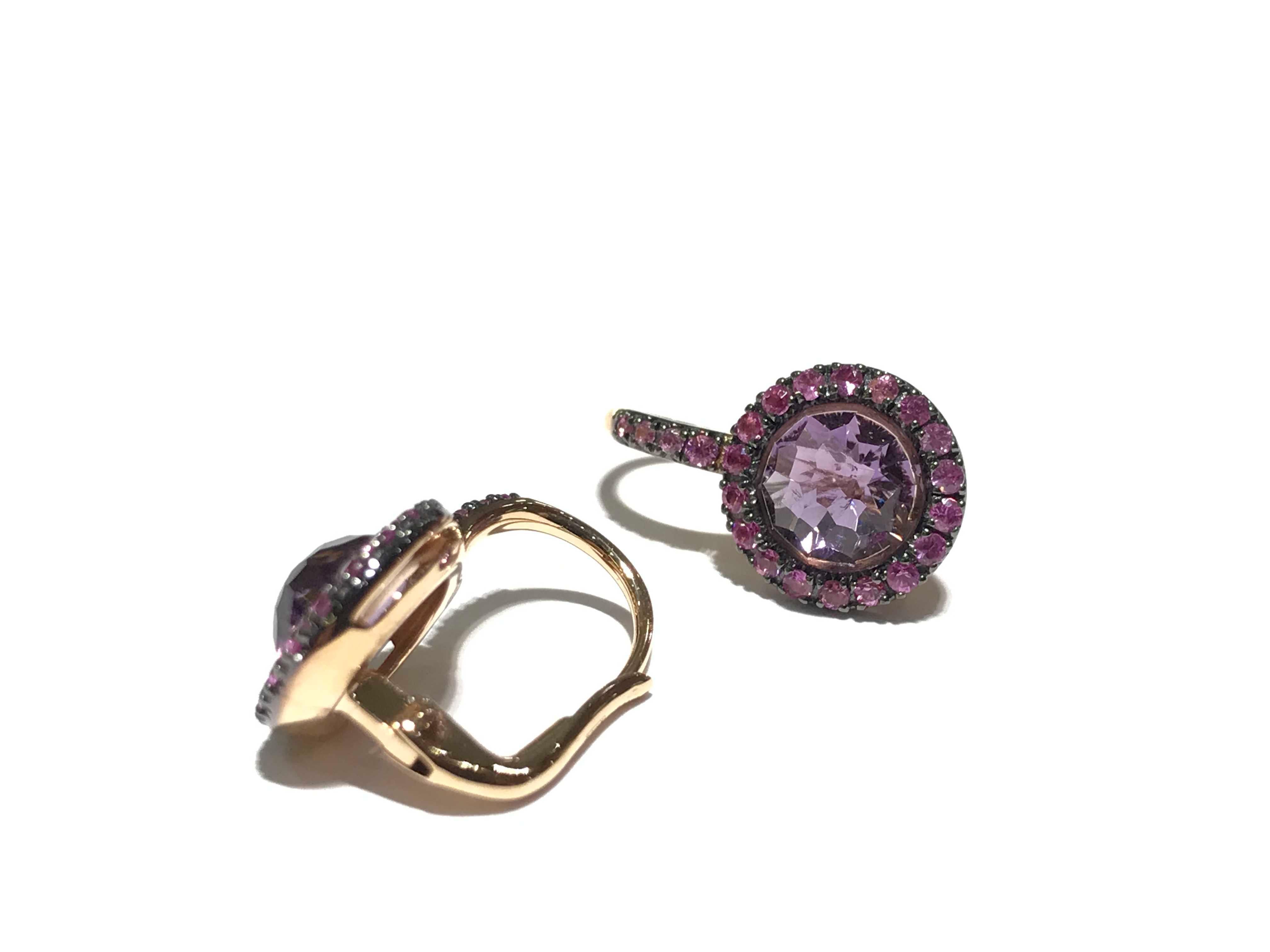 Mimi italian made drop earrings in pink sapphires and purple amethyst stones 
set in 18 karat pink gold 
