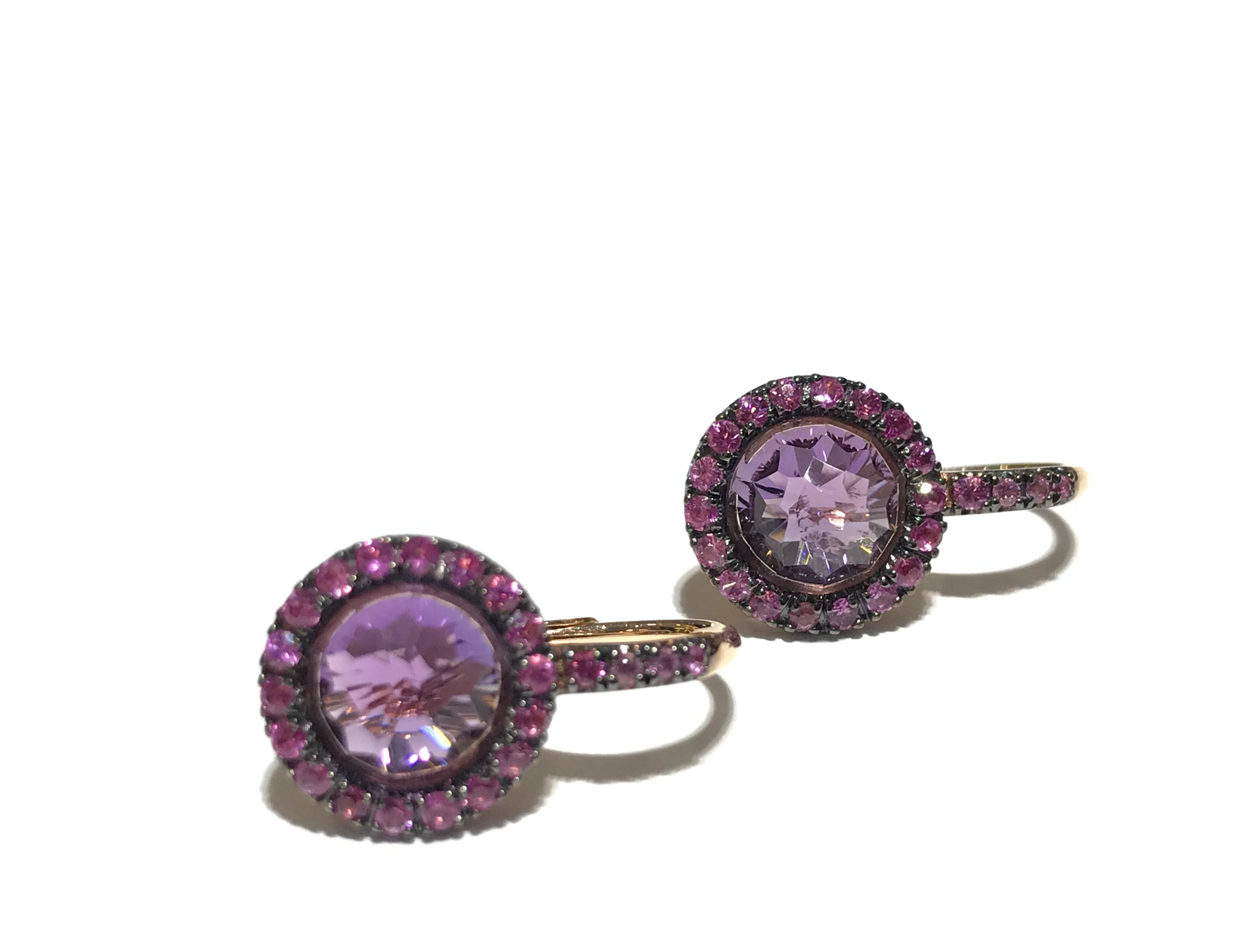 Round Cut Mimi Italian Made Drop Earrings in Pink Sapphires and Purple Amethyst Stones For Sale
