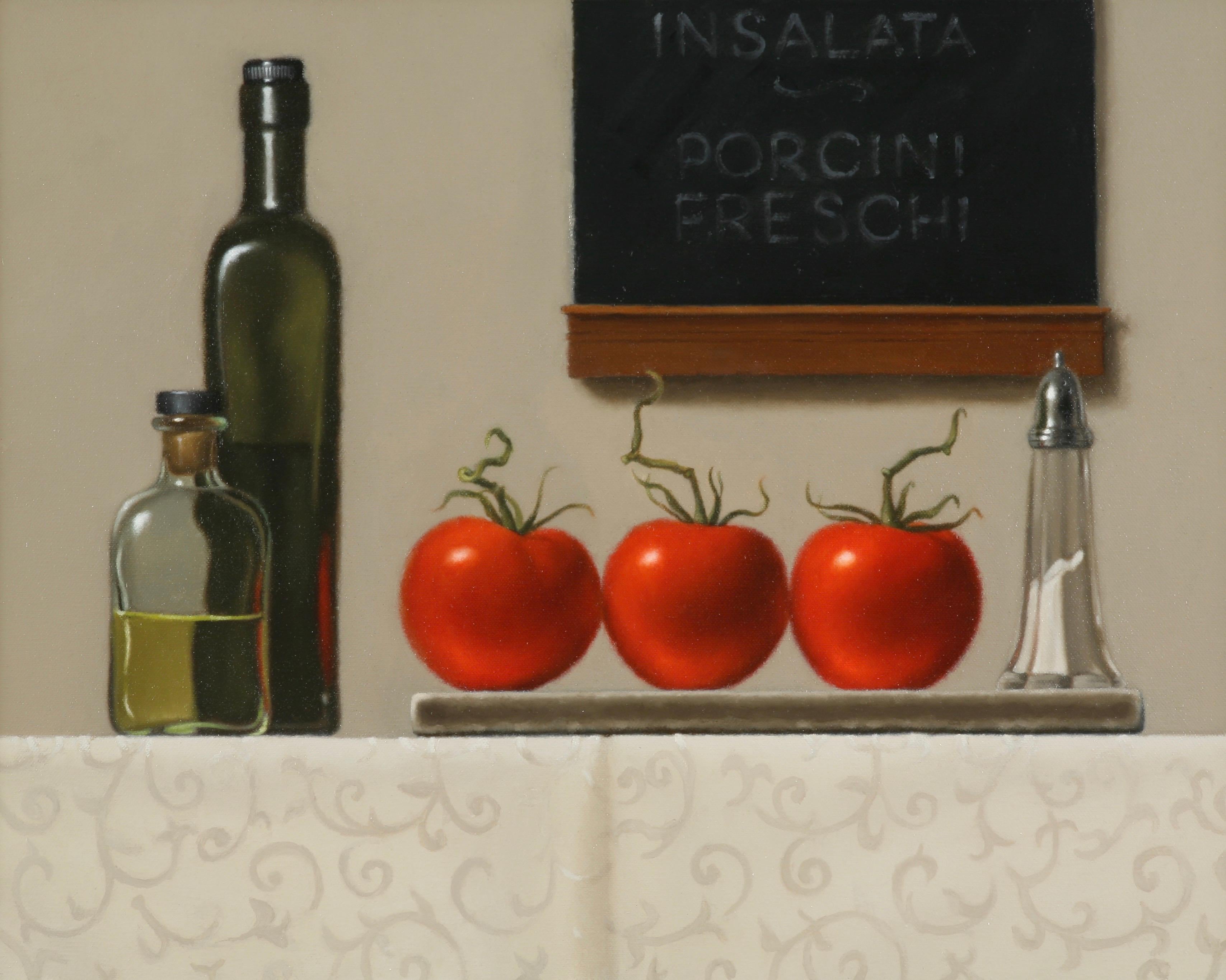 Insalata / nature morte réaliste à l'huile tomates dans la cuisine