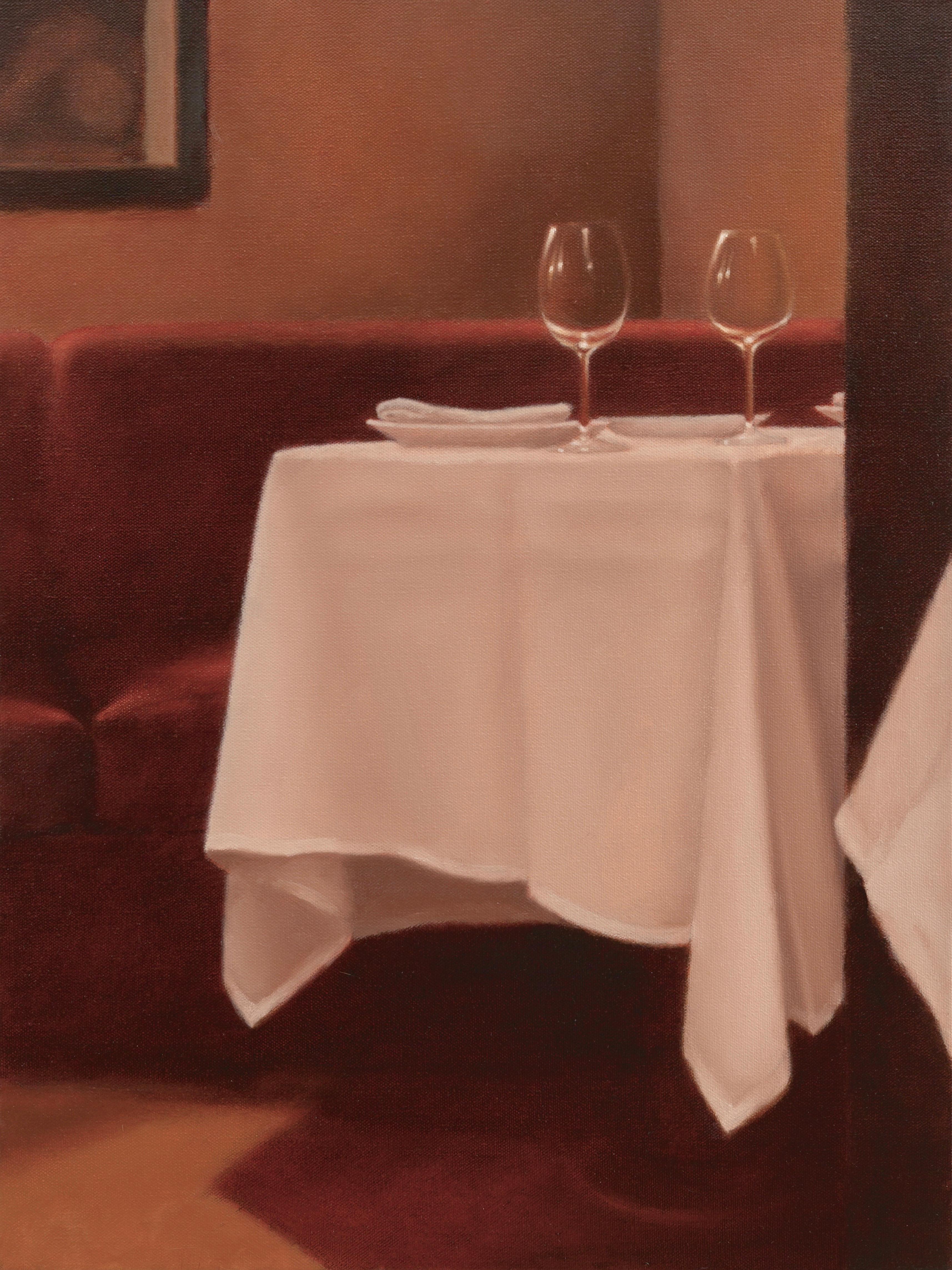 Mimi Jensen Still-Life Painting - On The Town: Date Night  / restaurant scene oil on canvas 