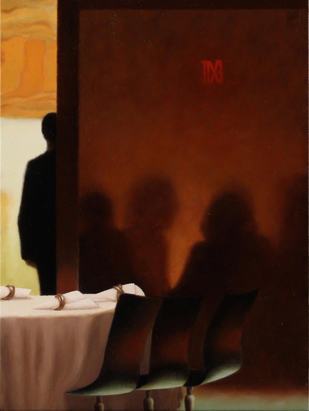 Mimi Jensen Figurative Painting - On The Town: New York  / restaurant scene oil on canvas 