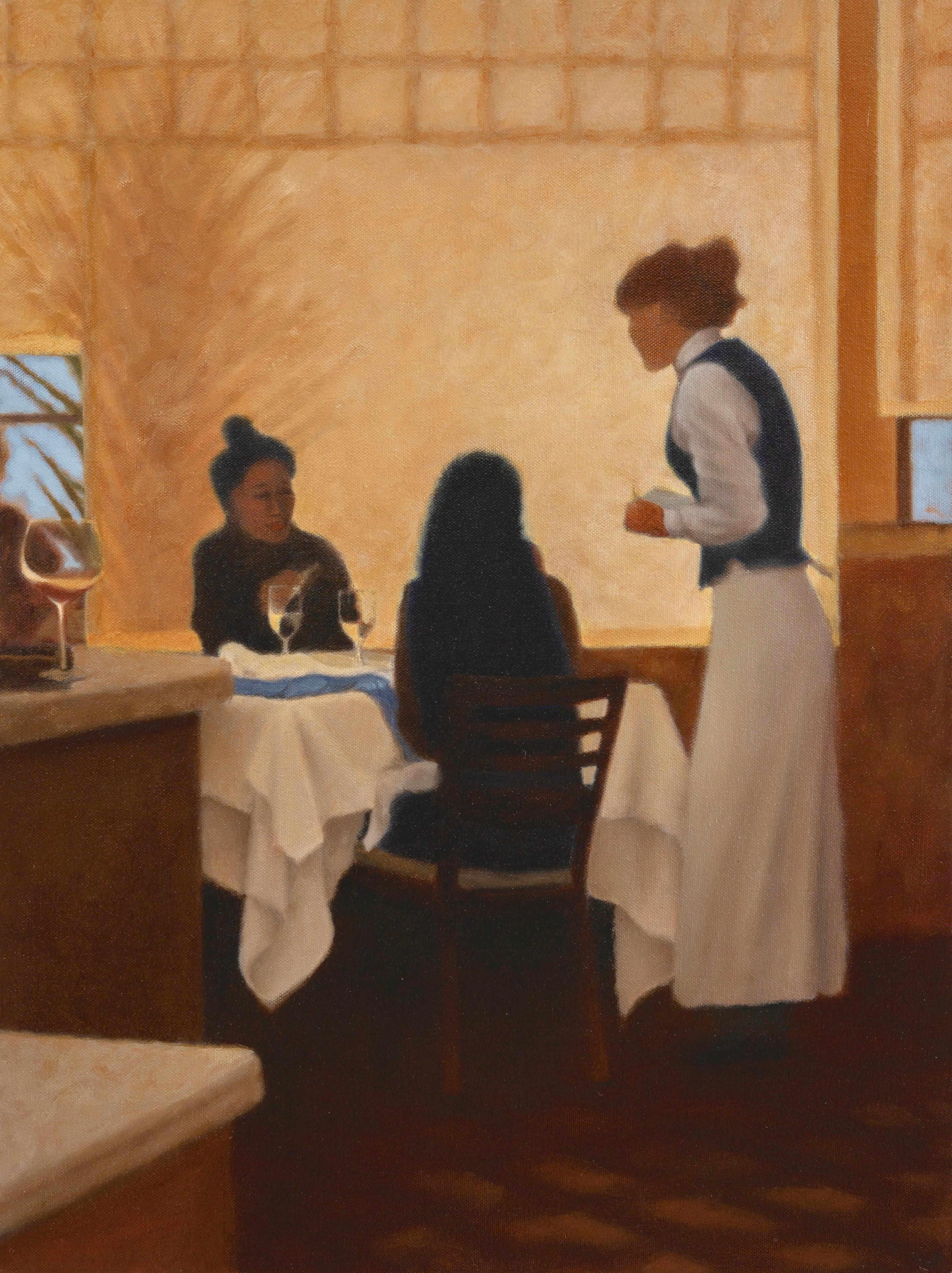 Mimi Jensen Still-Life Painting - On The Town: Napa / restaurant kitchen scene oil on canvas - food + dining