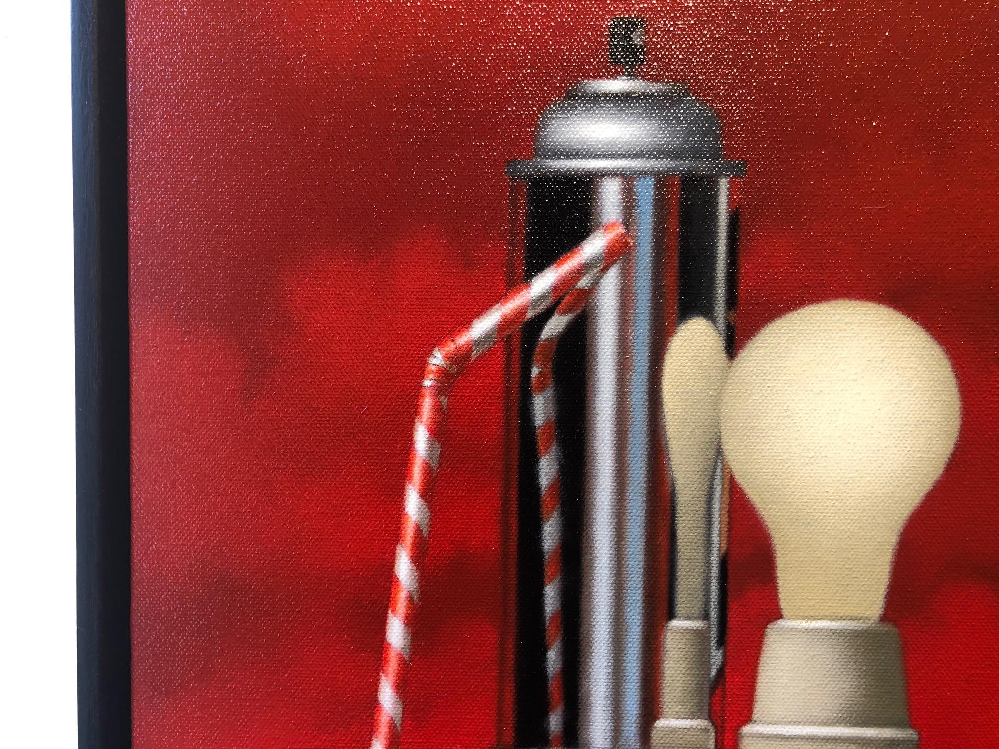 OUTLAWS / oil on canvas, red still life, political, recycle, think - Red Still-Life Painting by Mimi Jensen