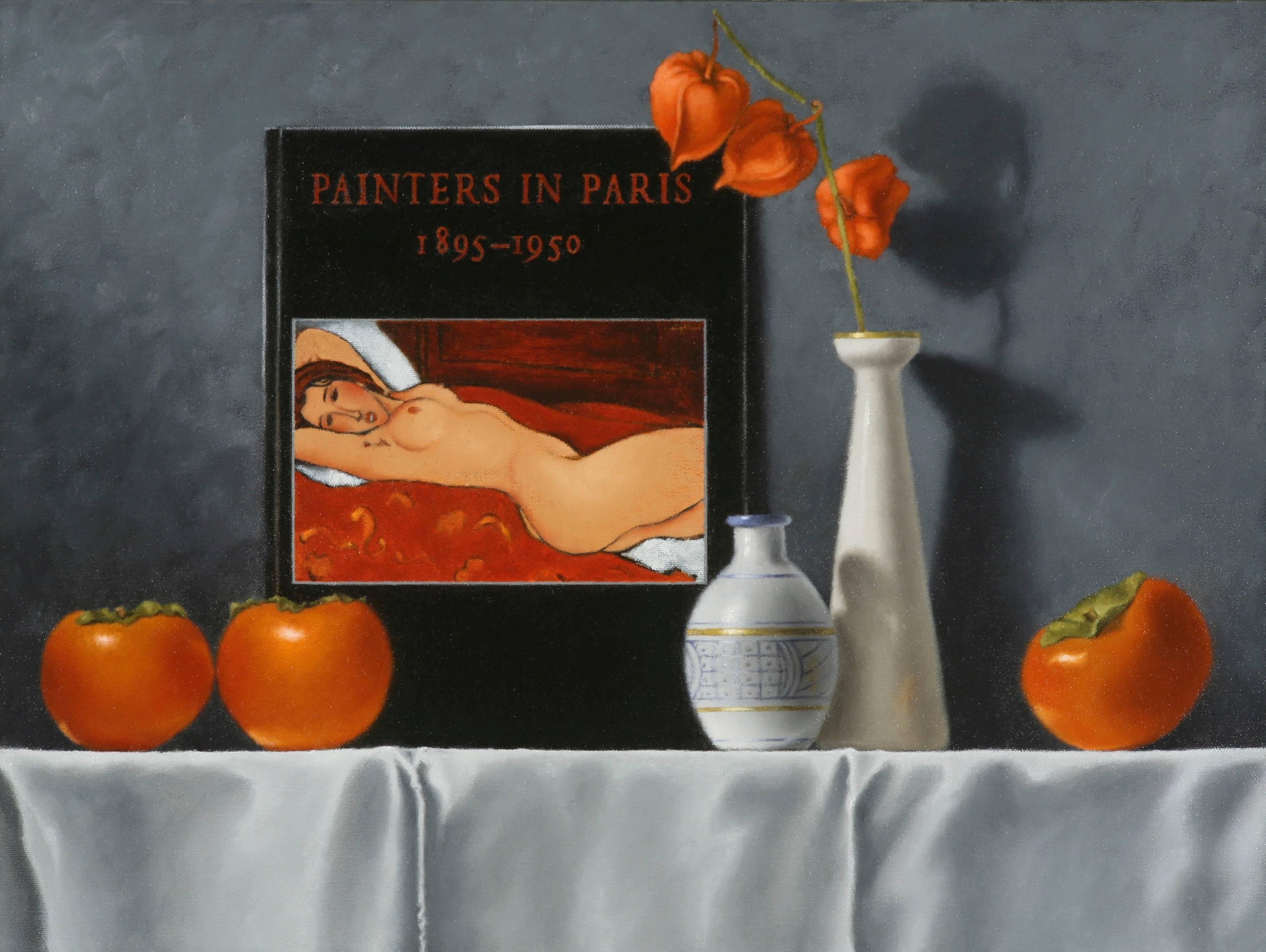 Mimi Jensen Still-Life Painting - Painters in Paris / oil on canvas with Modigliani  and persimmons
