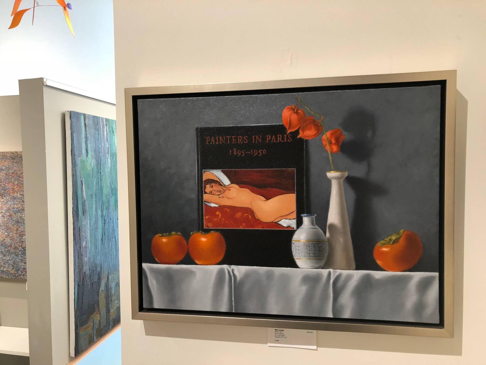 Painters in Paris / oil on canvas with Modigliani  and persimmons - Painting by Mimi Jensen