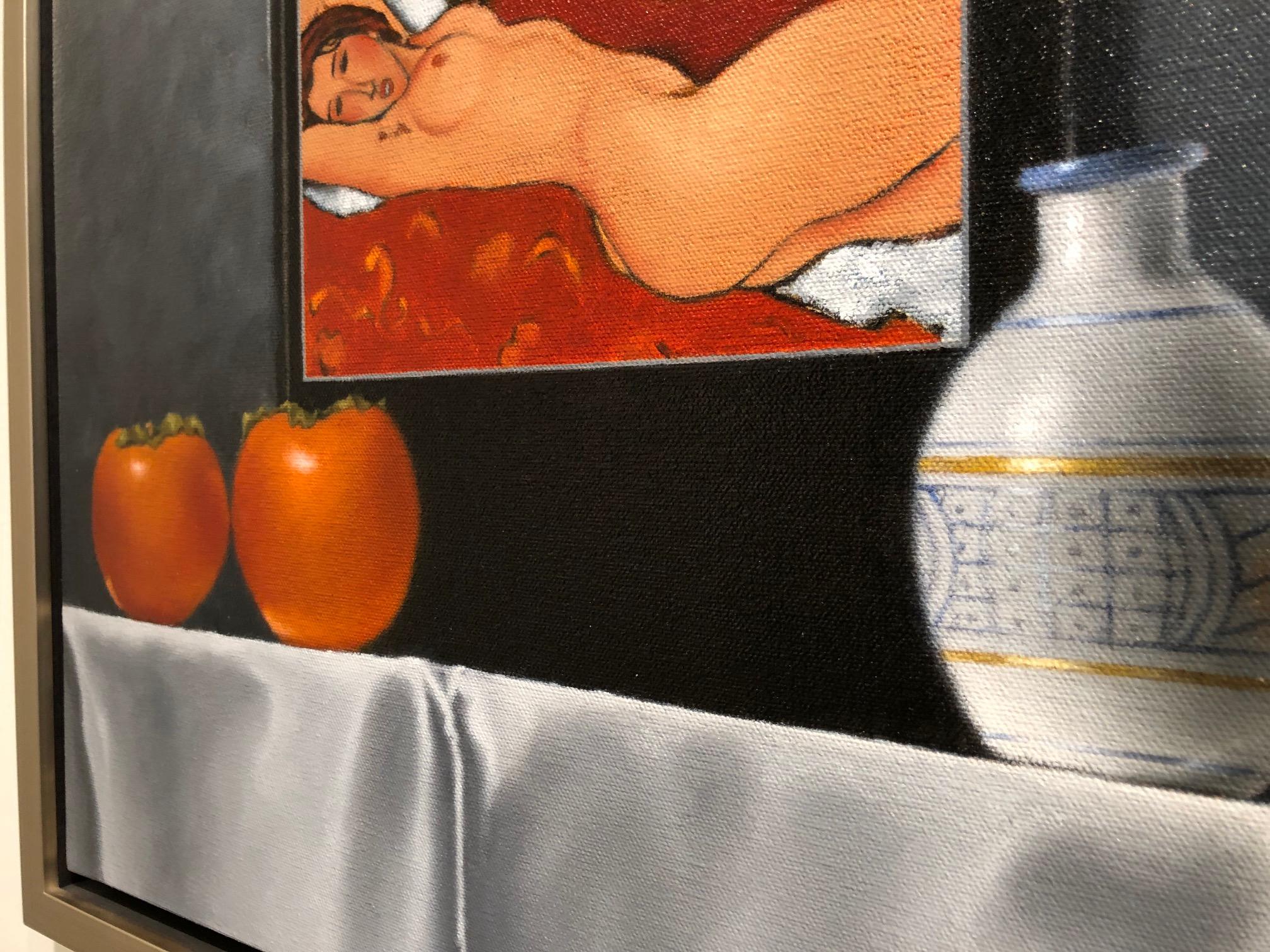 Painters in Paris / oil on canvas with Modigliani  and persimmons - Contemporary Painting by Mimi Jensen