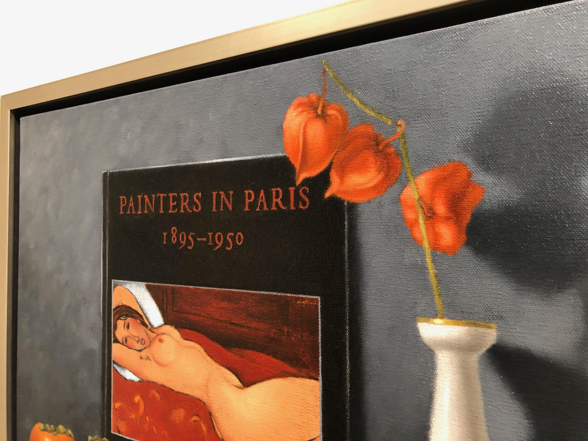 Painters in Paris / oil on canvas with Modigliani  and persimmons - Black Still-Life Painting by Mimi Jensen