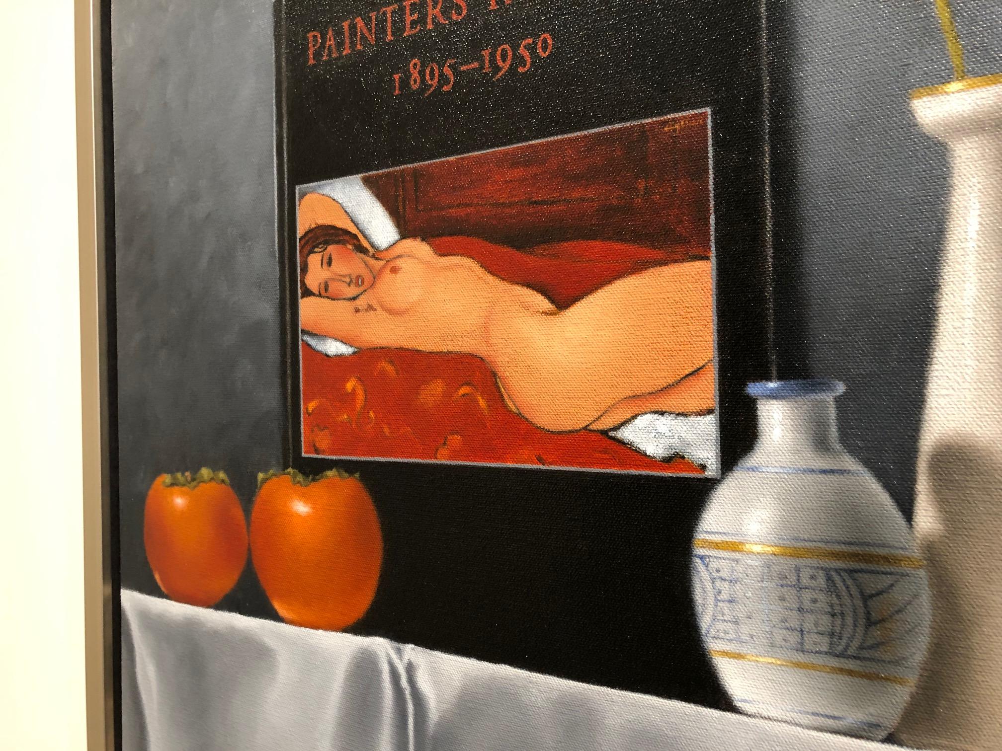 'Painters of Paris' features the book by the same title by William S. Lieberman, which features Modigliani's Reclining Nude and was published by the Metropolitan Museum of Art; along with Persimmons, orange flowers and an array of white porcelain