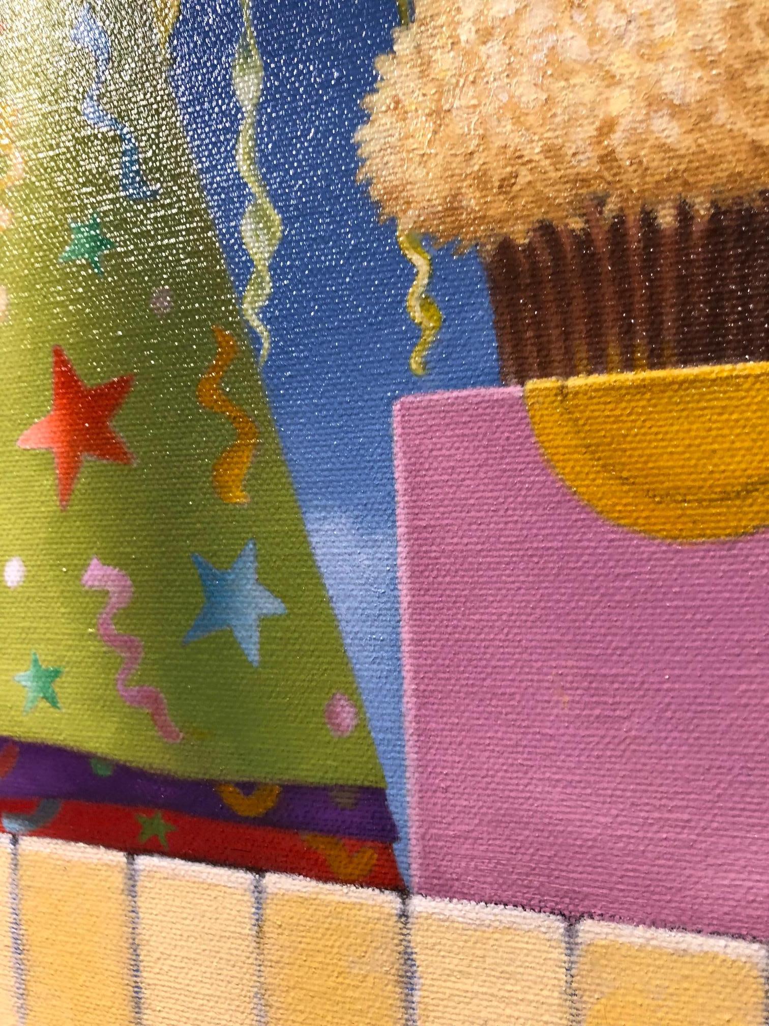 Glorieuse et amusante petite célébration de natures mortes où règne la couleur, en bleu, vert, rose et or. En parfait état. Signé et titré par l'artiste . 

Mimi Jensen utilise des couleurs vives pour représenter des objets éclairés de façon