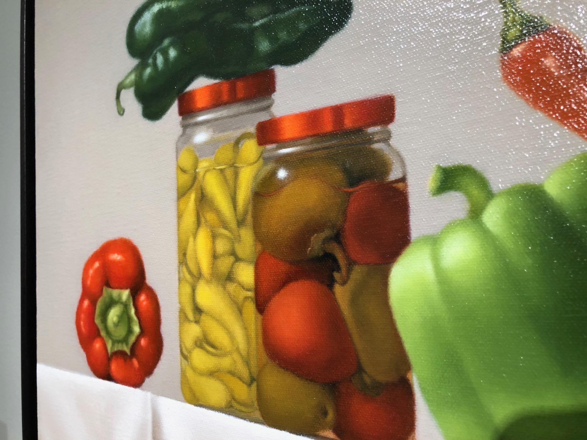 Fiesta de la Pimienta / óleo sobre lienzo - bodegón con comida - Interior Painting Marrón de Mimi Jensen