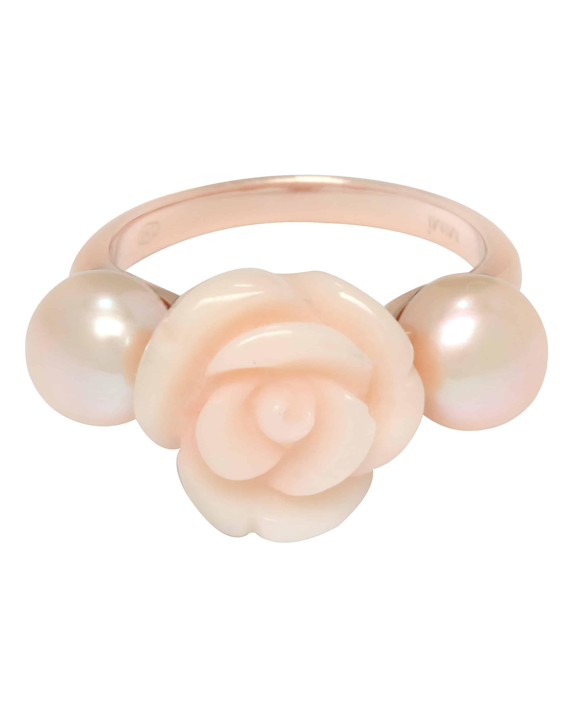 Mimi 18k Rose Gold Ring. Ring Size 7.5. With Agate and Pearl. Pink Agate Rose Flanked by two Pearls. Total Weight:7.7g. Shipped in Mimi Box. Manufacturers Suggested Retail Price $1,670