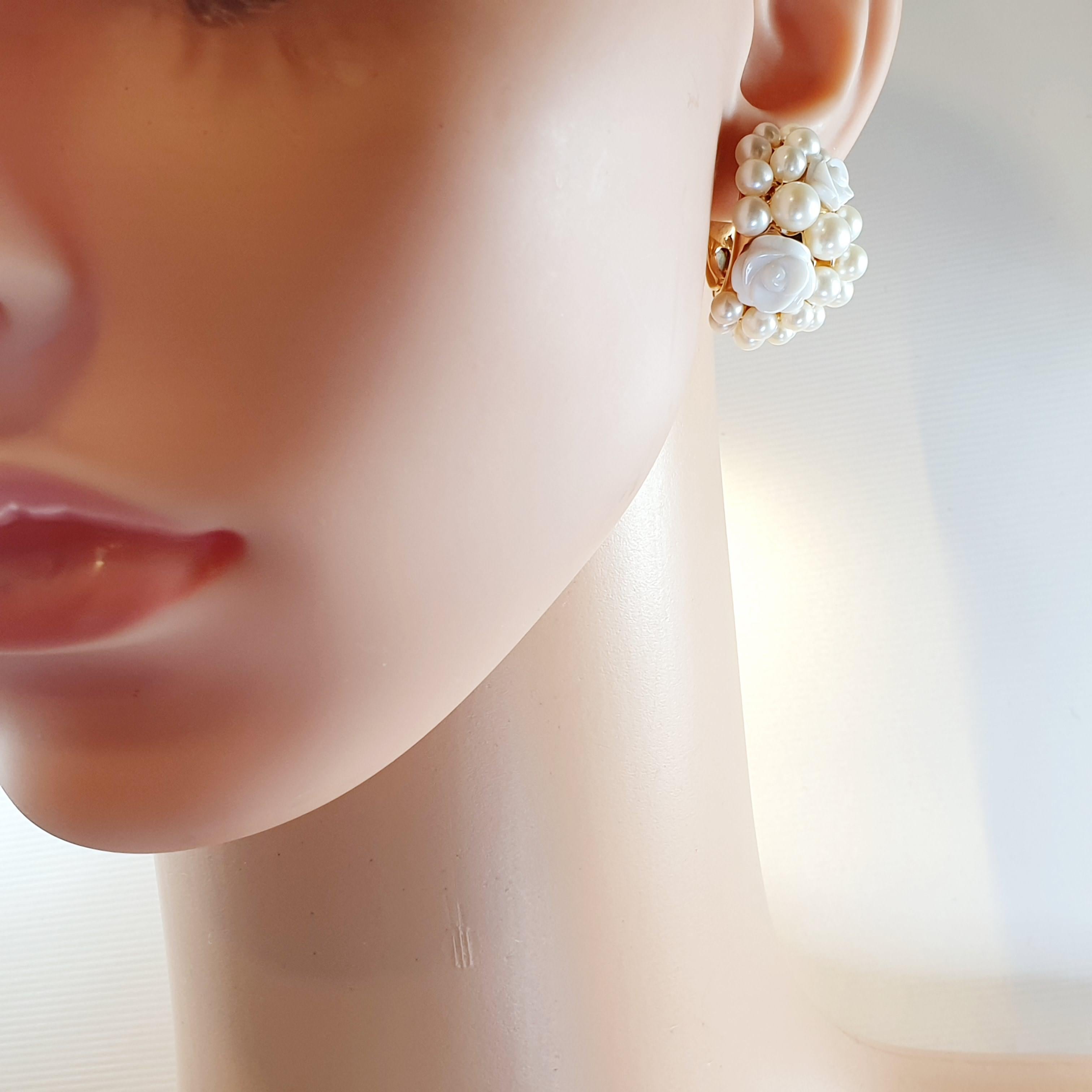 Rose Cut Mimi Milano 18 Karat Rose Gold Earrings with Agate Flowers and Pearls