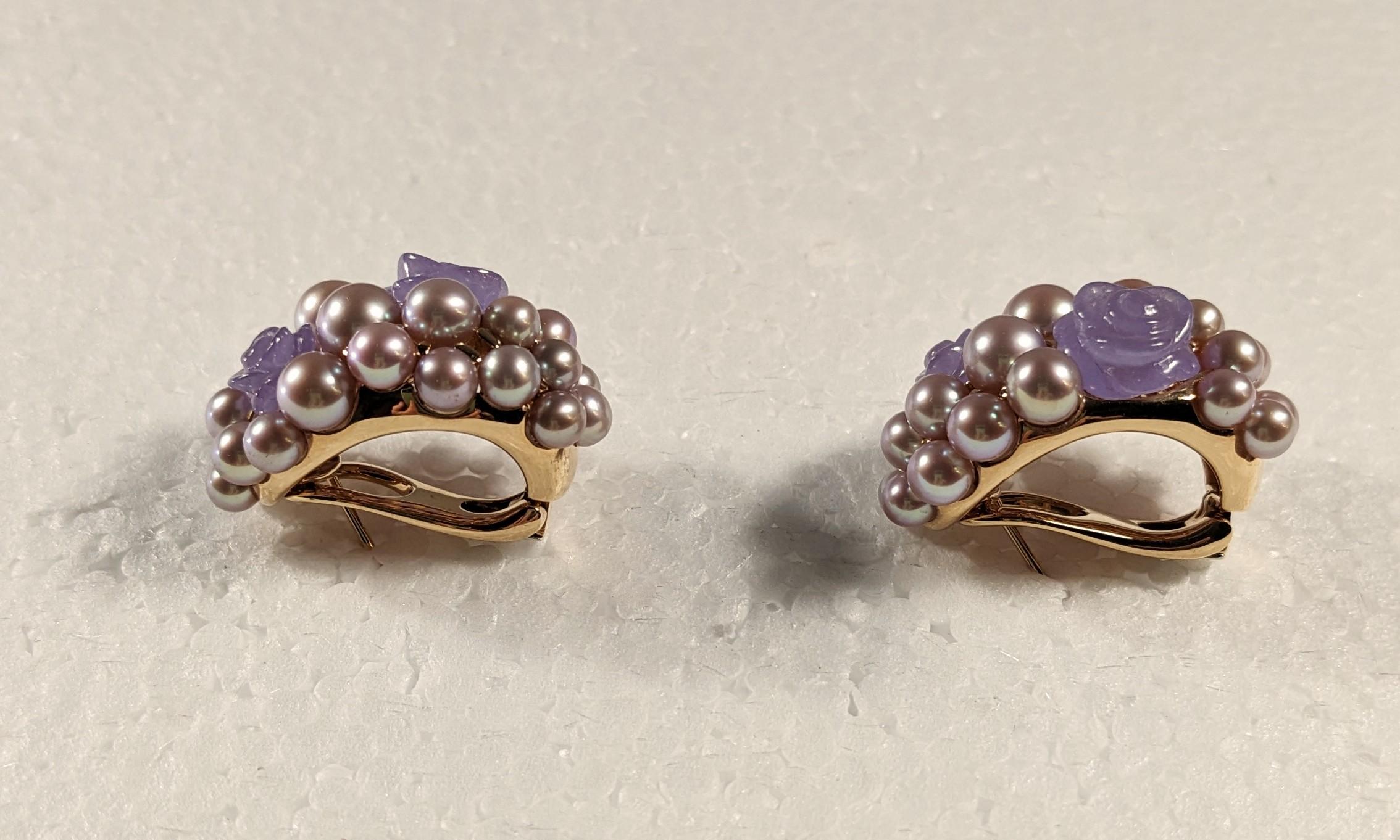 Vintage Mimi Milano 18K Rose Gold Earrings  Agate Flowers, Cultivated Pearls For Sale 1