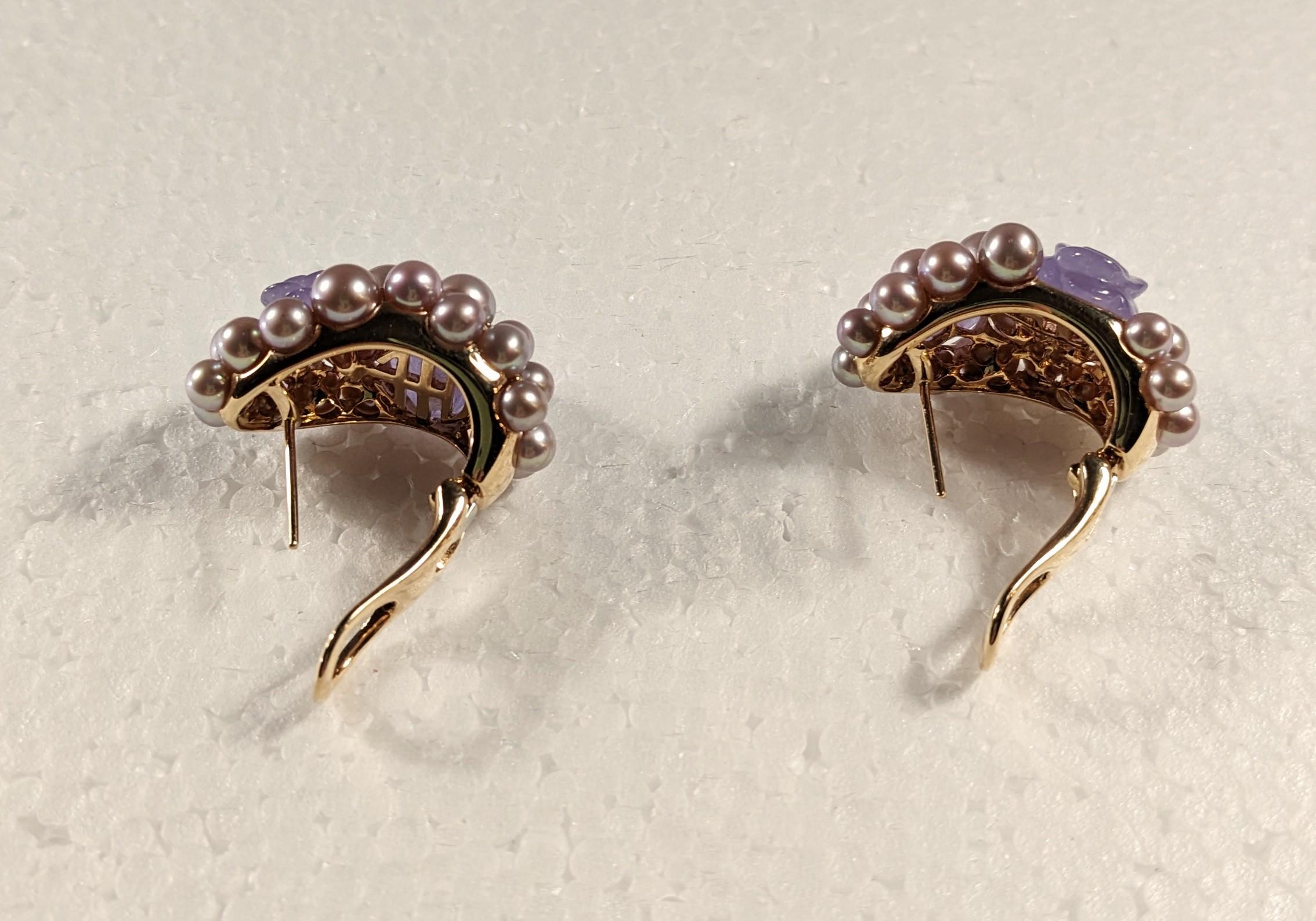 Vintage Mimi Milano 18K Rose Gold Earrings  Agate Flowers, Cultivated Pearls For Sale 2