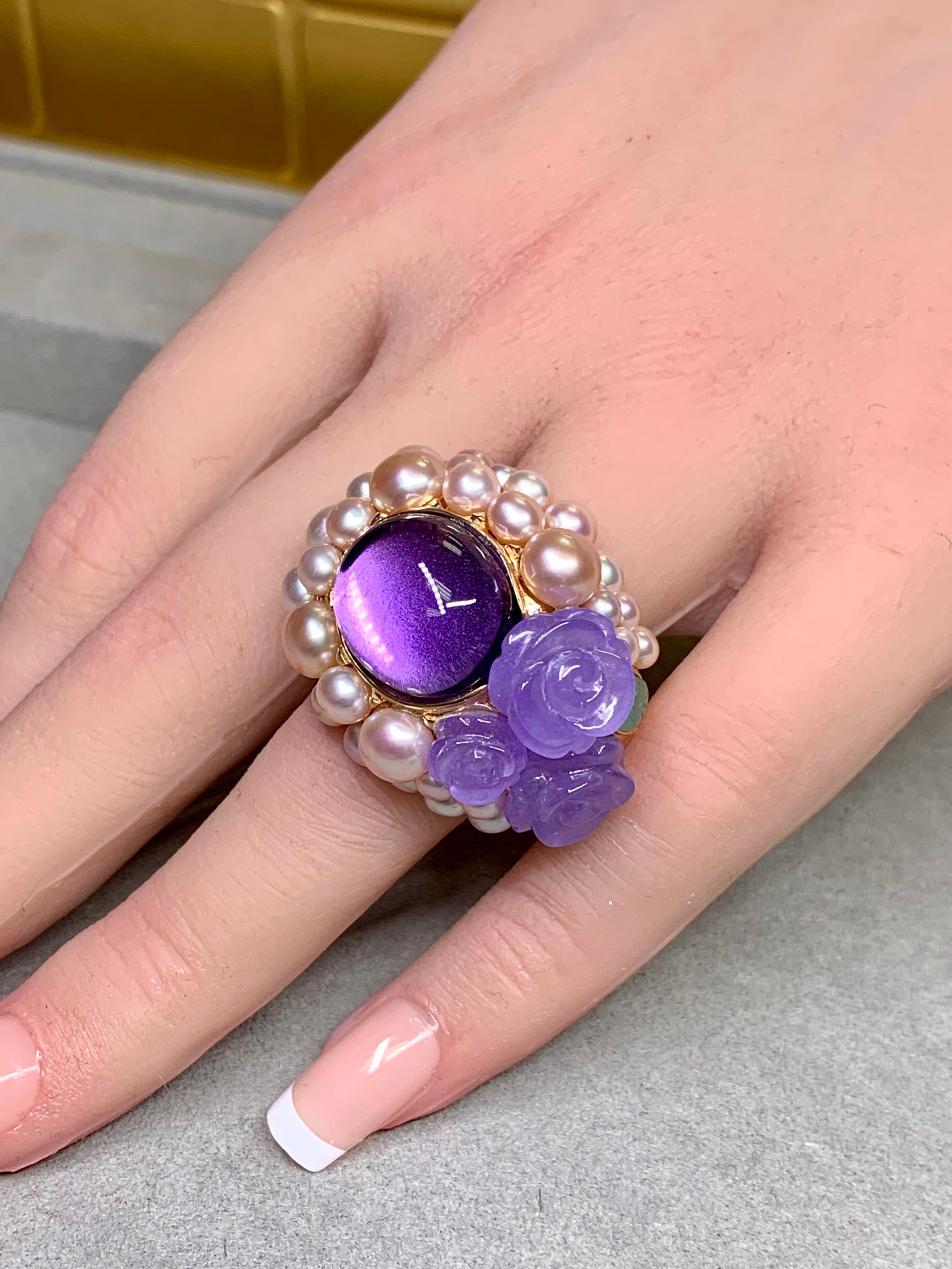 Mimi Milano 18K Rose Gold Lavender Green Jade Amethyst Pearl Large Cocktail Ring For Sale 4
