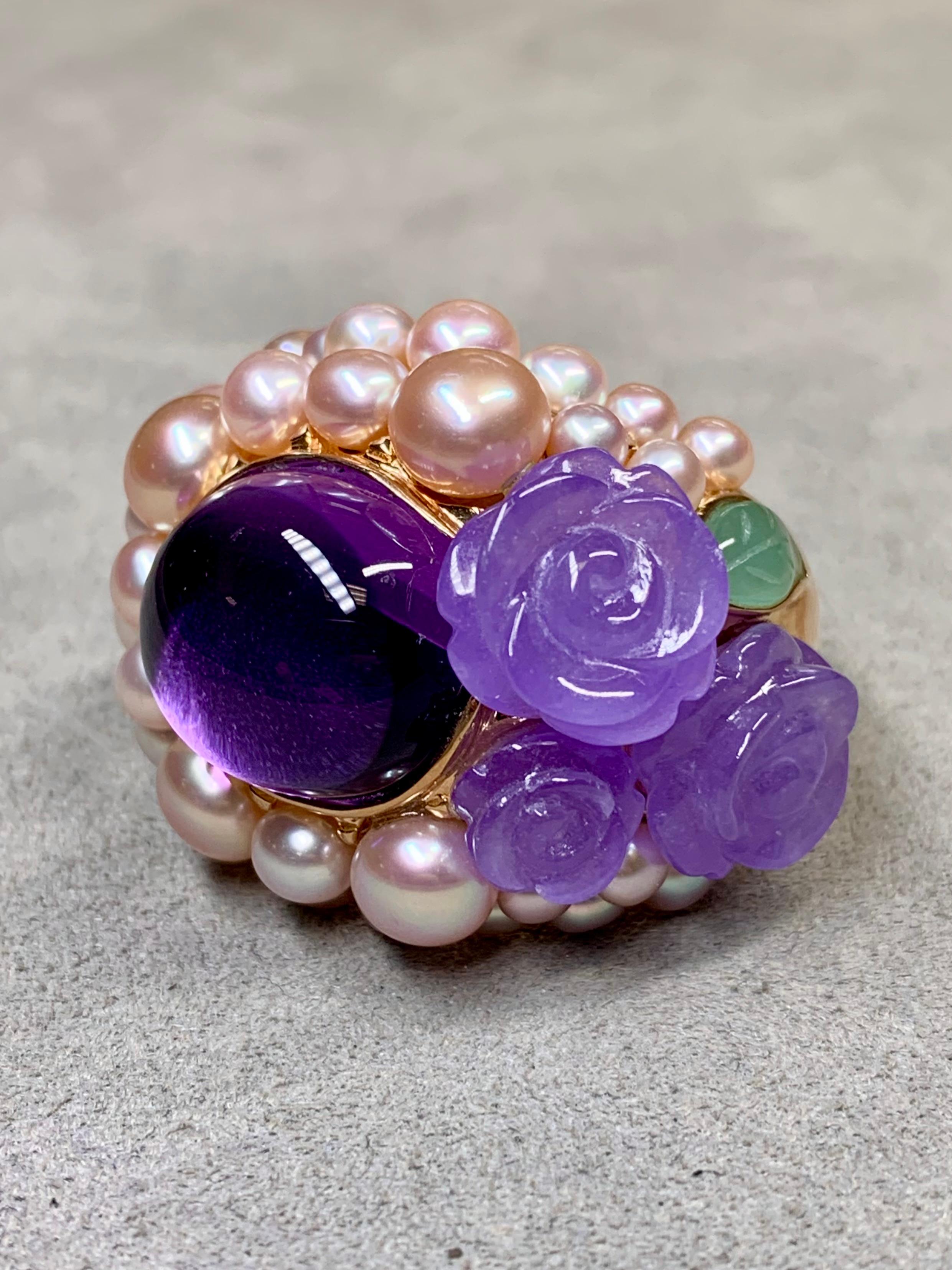 Contemporary Mimi Milano 18K Rose Gold Lavender Green Jade Amethyst Pearl Large Cocktail Ring For Sale