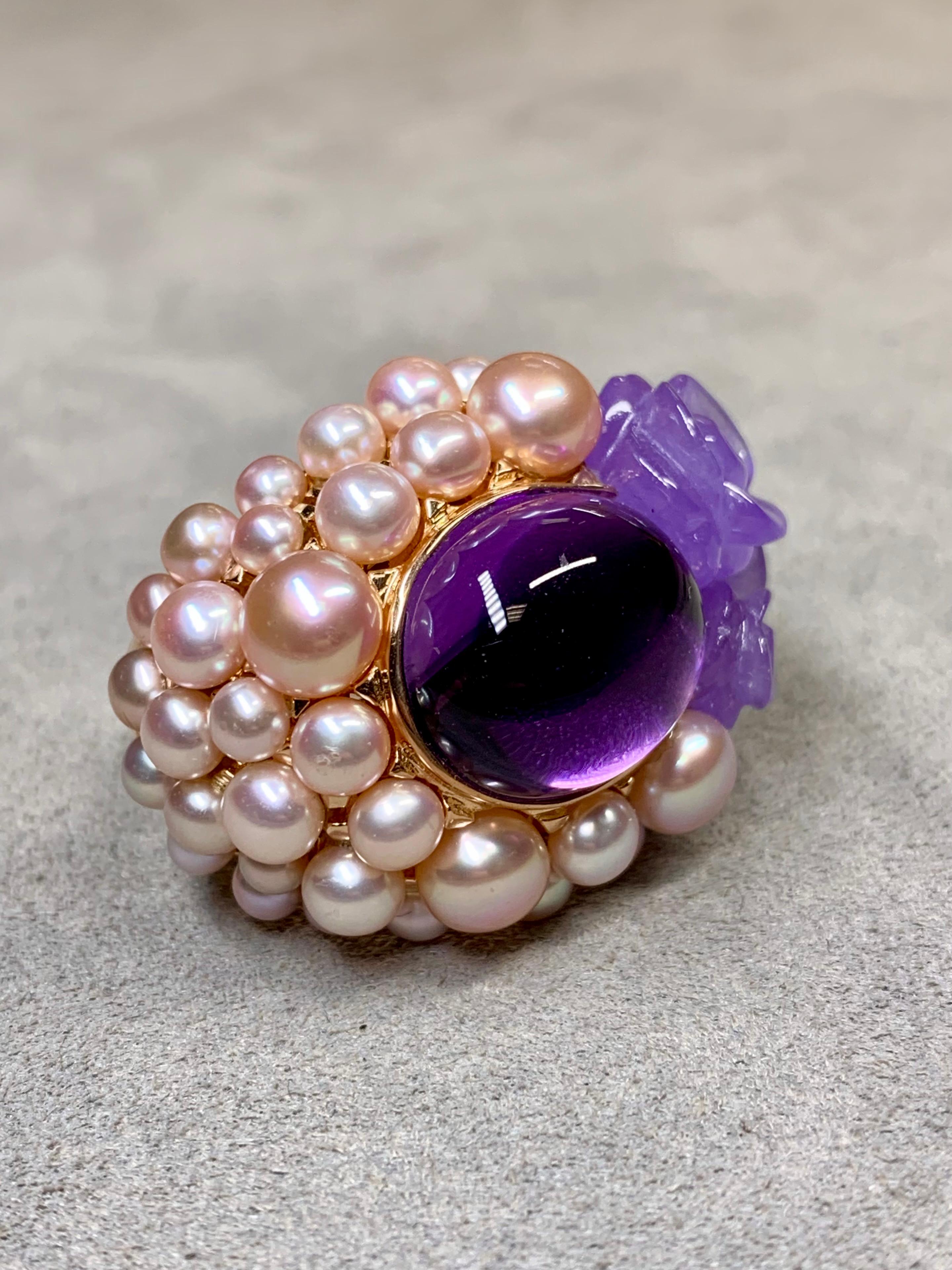 Mimi Milano 18K Rose Gold Lavender Green Jade Amethyst Pearl Large Cocktail Ring For Sale 1