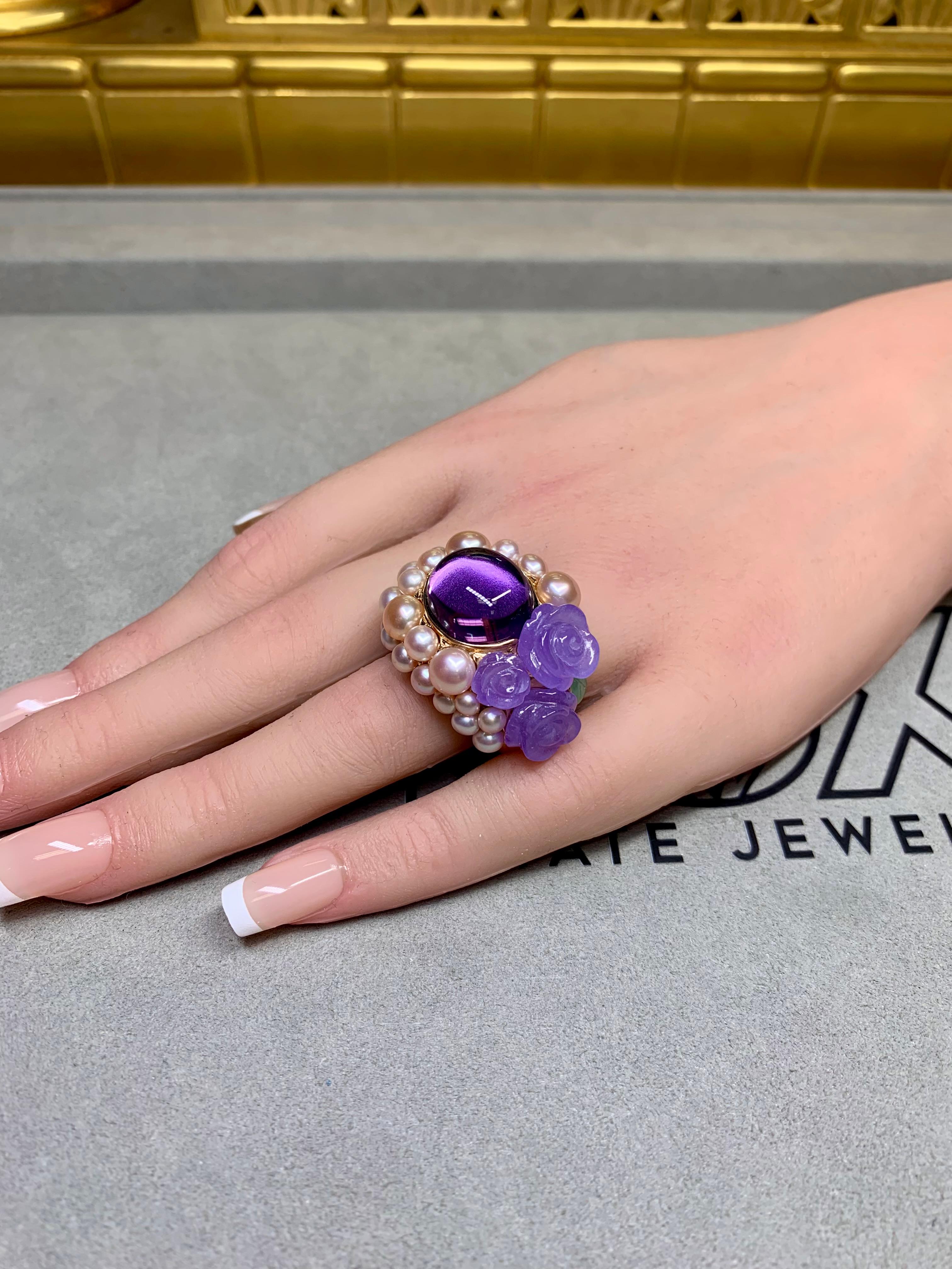 Mimi Milano 18K Rose Gold Lavender Green Jade Amethyst Pearl Large Cocktail Ring For Sale 2
