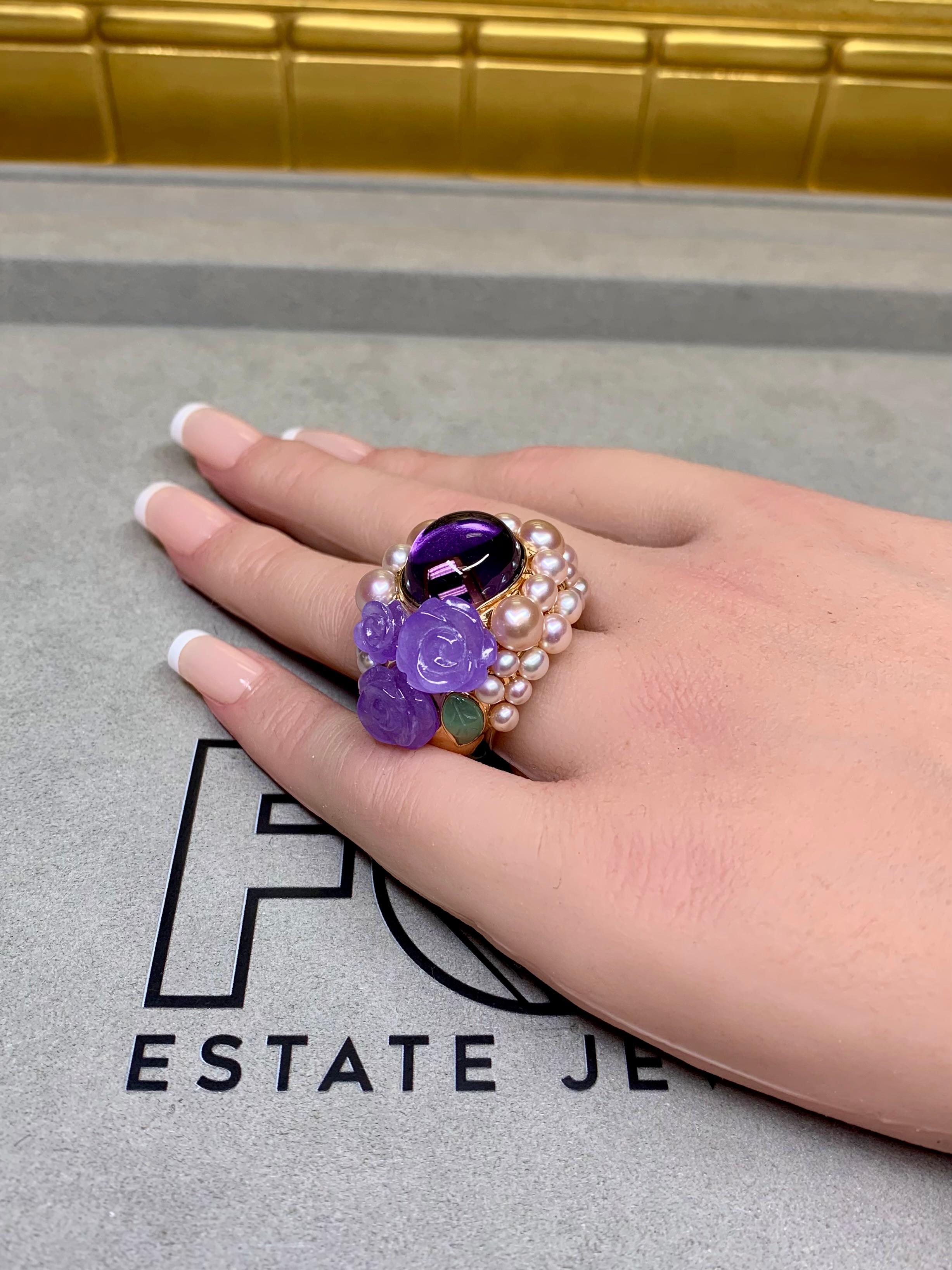 Mimi Milano 18K Rose Gold Lavender Green Jade Amethyst Pearl Large Cocktail Ring For Sale 3