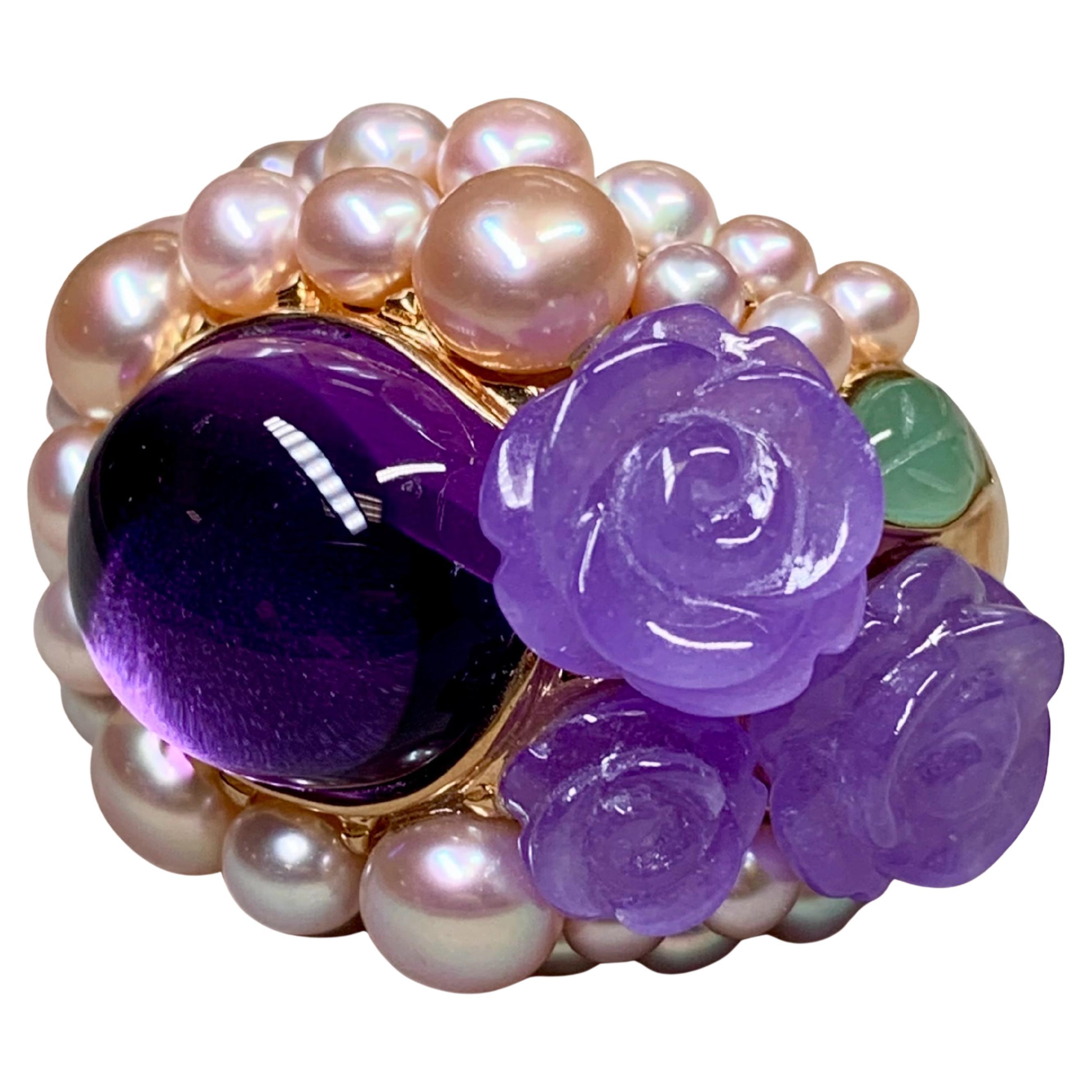 Mimi Milano 18K Rose Gold Lavender Green Jade Amethyst Pearl Large Cocktail Ring For Sale