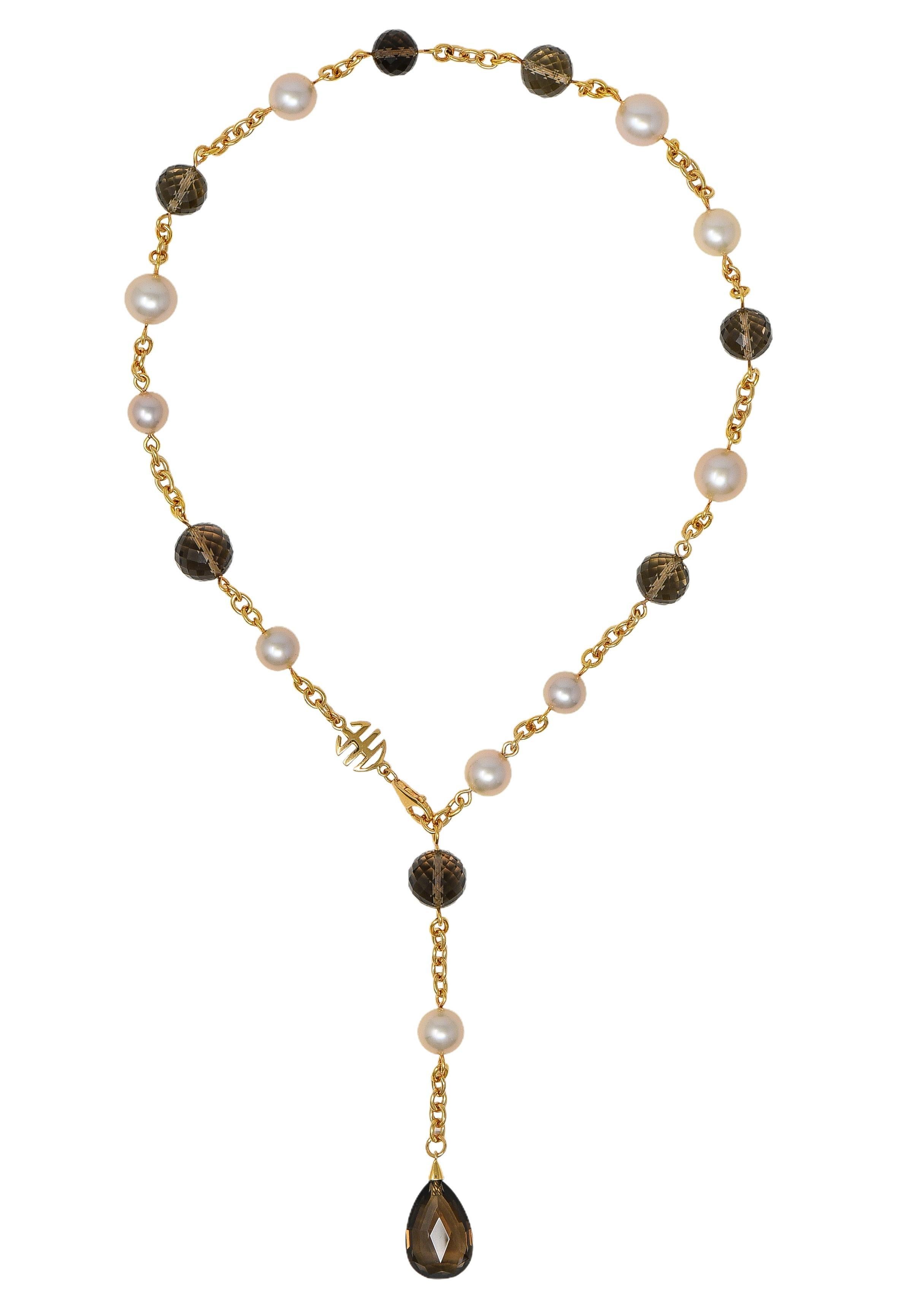 MiMi Milano Akoya Perle Rauchquarz 18K Gold Sartuoir Tropfen Halskette (Zeitgenössisch) im Angebot