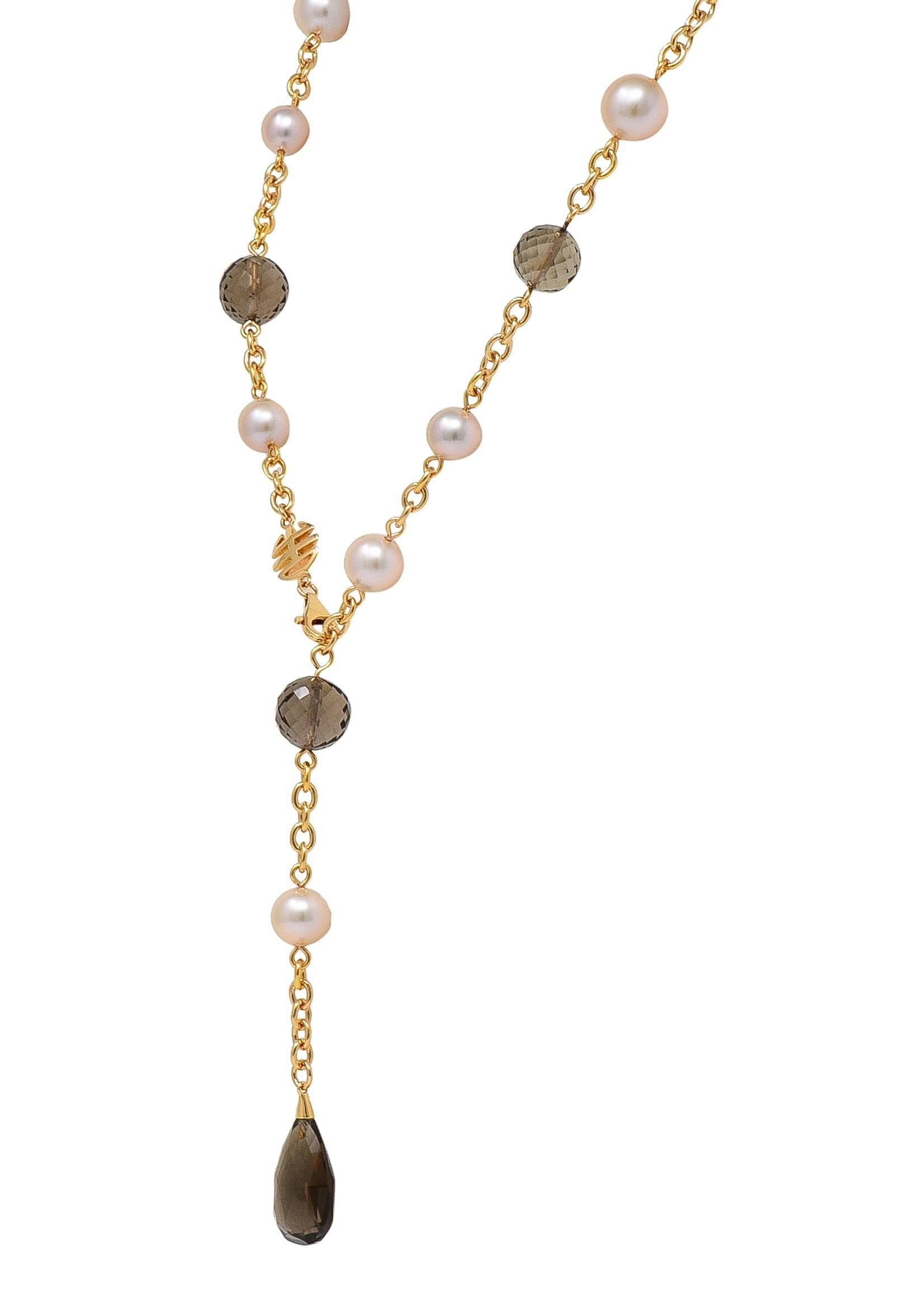 MiMi Milano Akoya Perle Rauchquarz 18K Gold Sartuoir Tropfen Halskette (Rundschliff) im Angebot