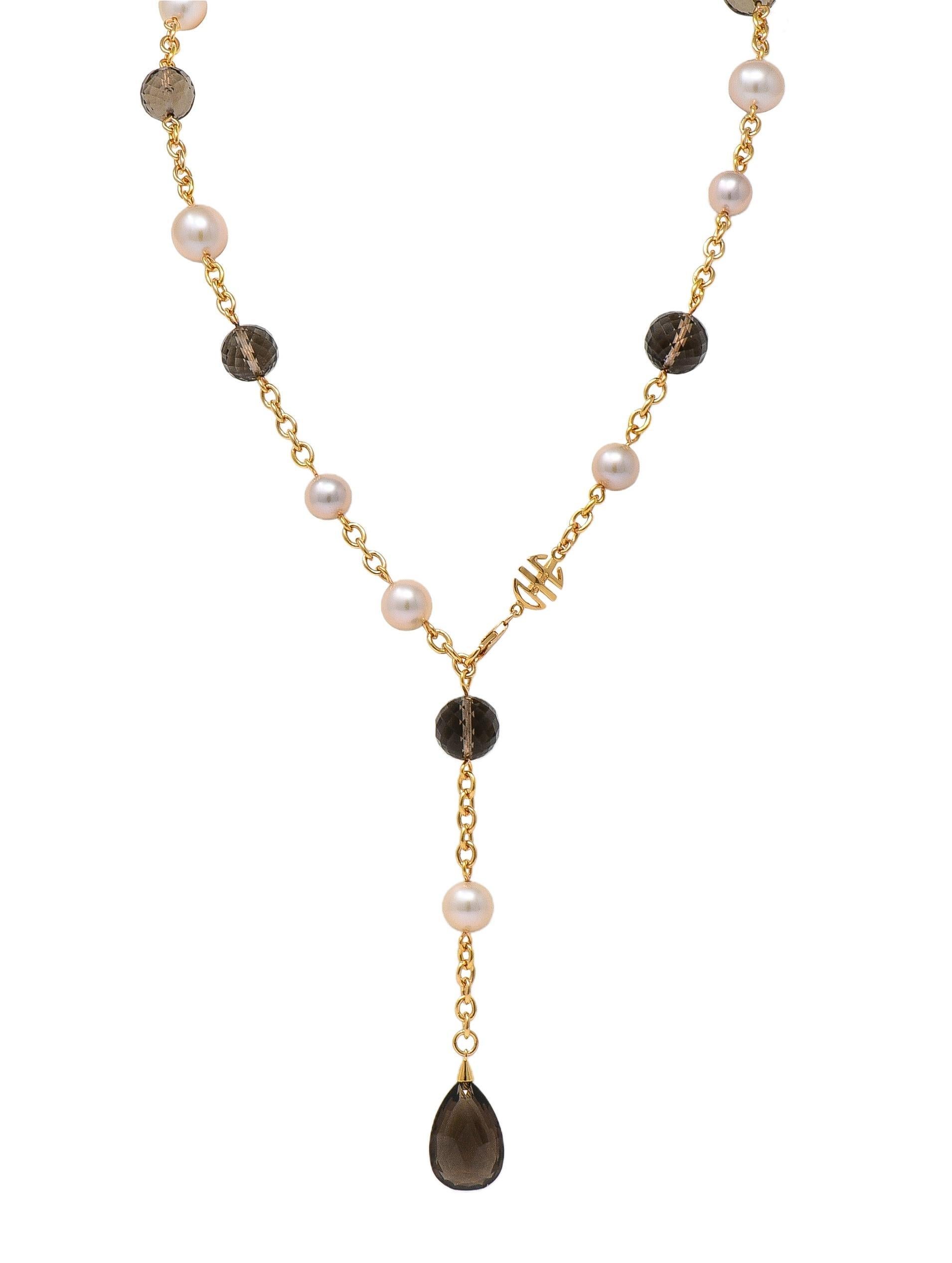 MiMi Milano Akoya Perle Rauchquarz 18K Gold Sartuoir Tropfen Halskette im Zustand „Hervorragend“ im Angebot in Philadelphia, PA