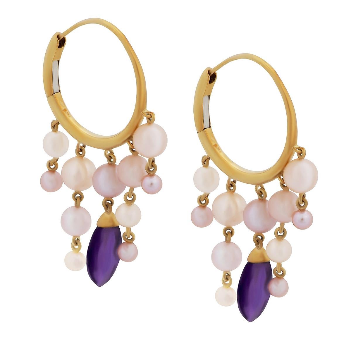 Mimi Milano Amethyst Pearl Gold Hoop Earrings In New Condition In Feasterville, PA