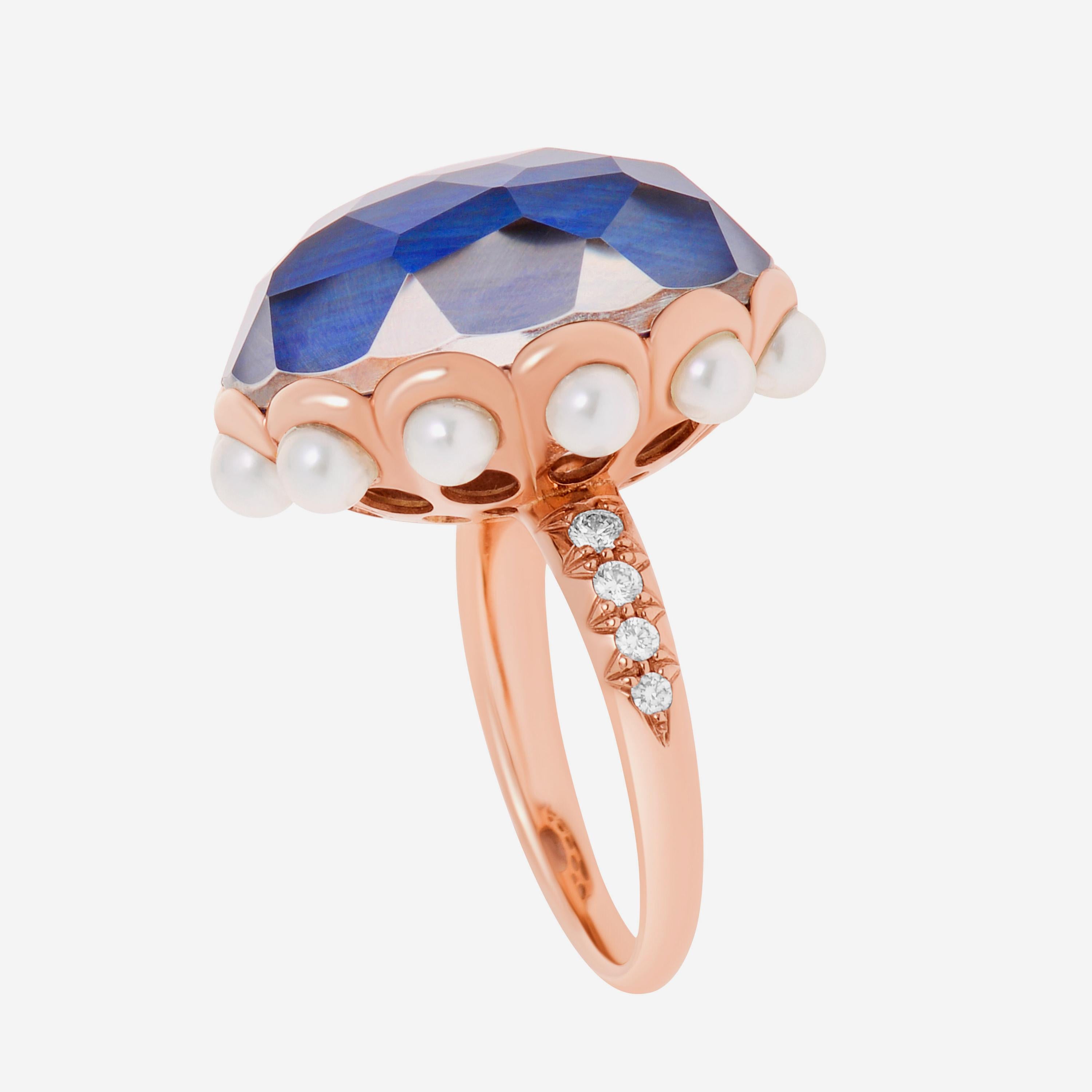 Contemporary Mimi Milano Belle 18K Rose Gold Rock Crystal and Mother of Pearl Ring sz 6.5 For Sale