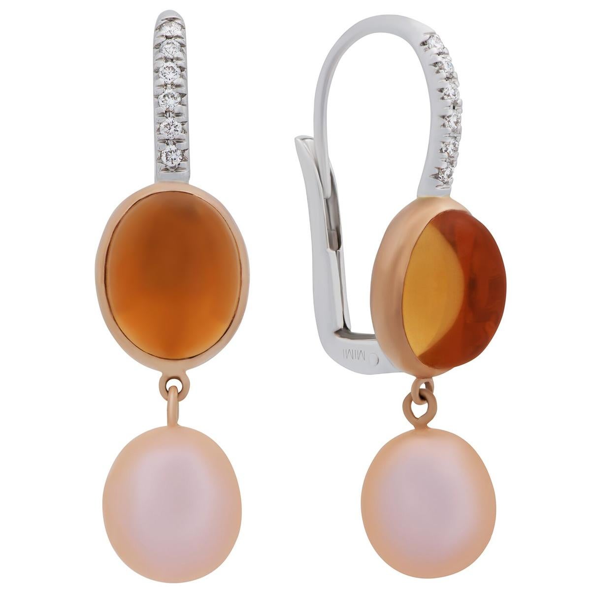 A fabulous pair of Mimi Milano earrings featuring 6.84cts of citrine, complemented by 8mm freshwater pearls in 18k white gold and rose gold.