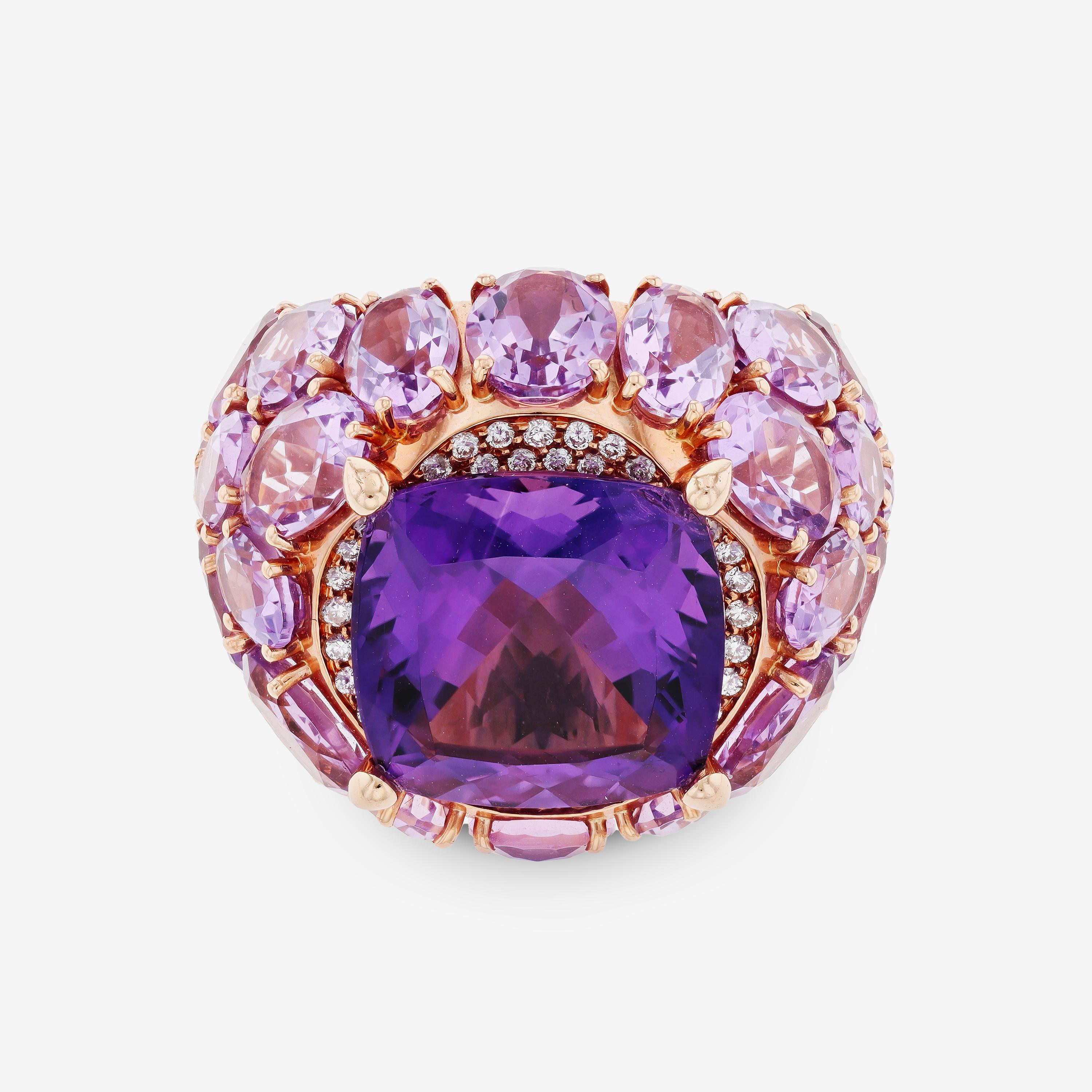 Contemporary Mimi Milano Boutique 18K Rose Gold Amethyst & Diamond Ring sz 7.25 For Sale