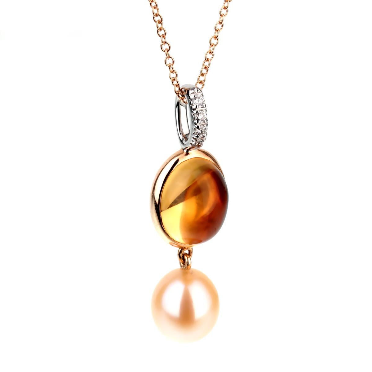 A fabulous drop necklace by Mimi Milano featuring a 3.30 ct citrine followed by a 7.5x8mm pink cultured pearl adorned by round brilliant cut diamonds in 18k white and rose gold.