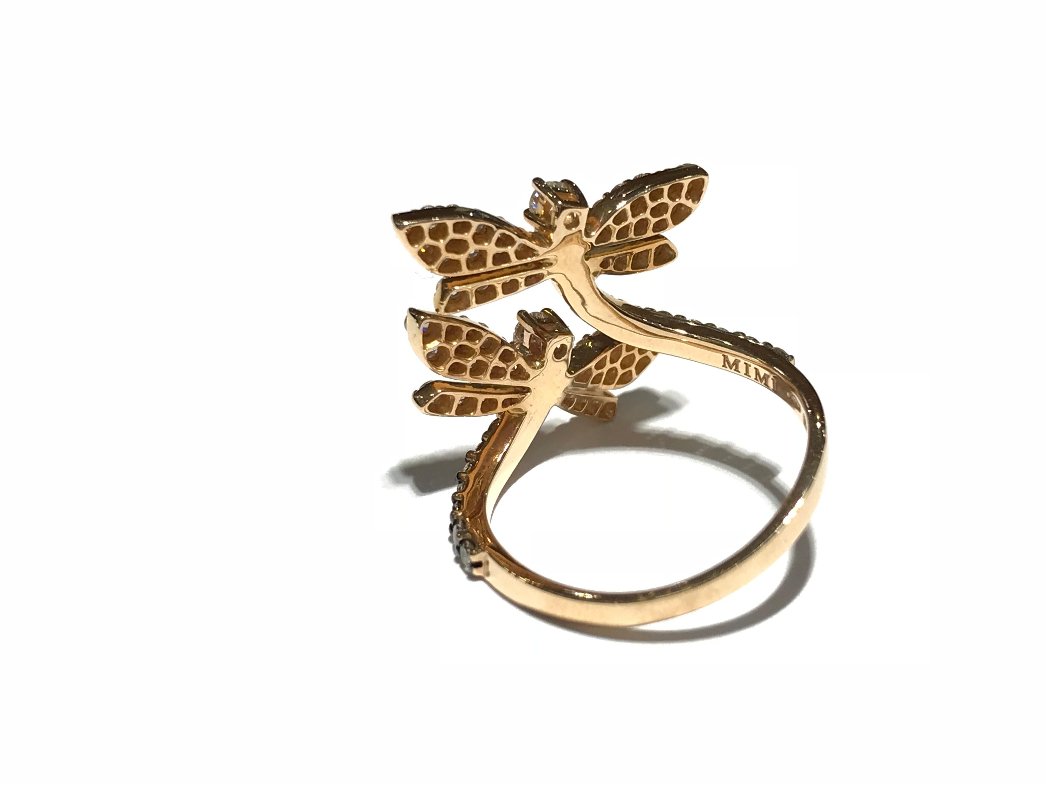 Round Cut MIMI Milano Dragonfly Ring in 18 Carat P/G with White and Champagne Diamonds  For Sale