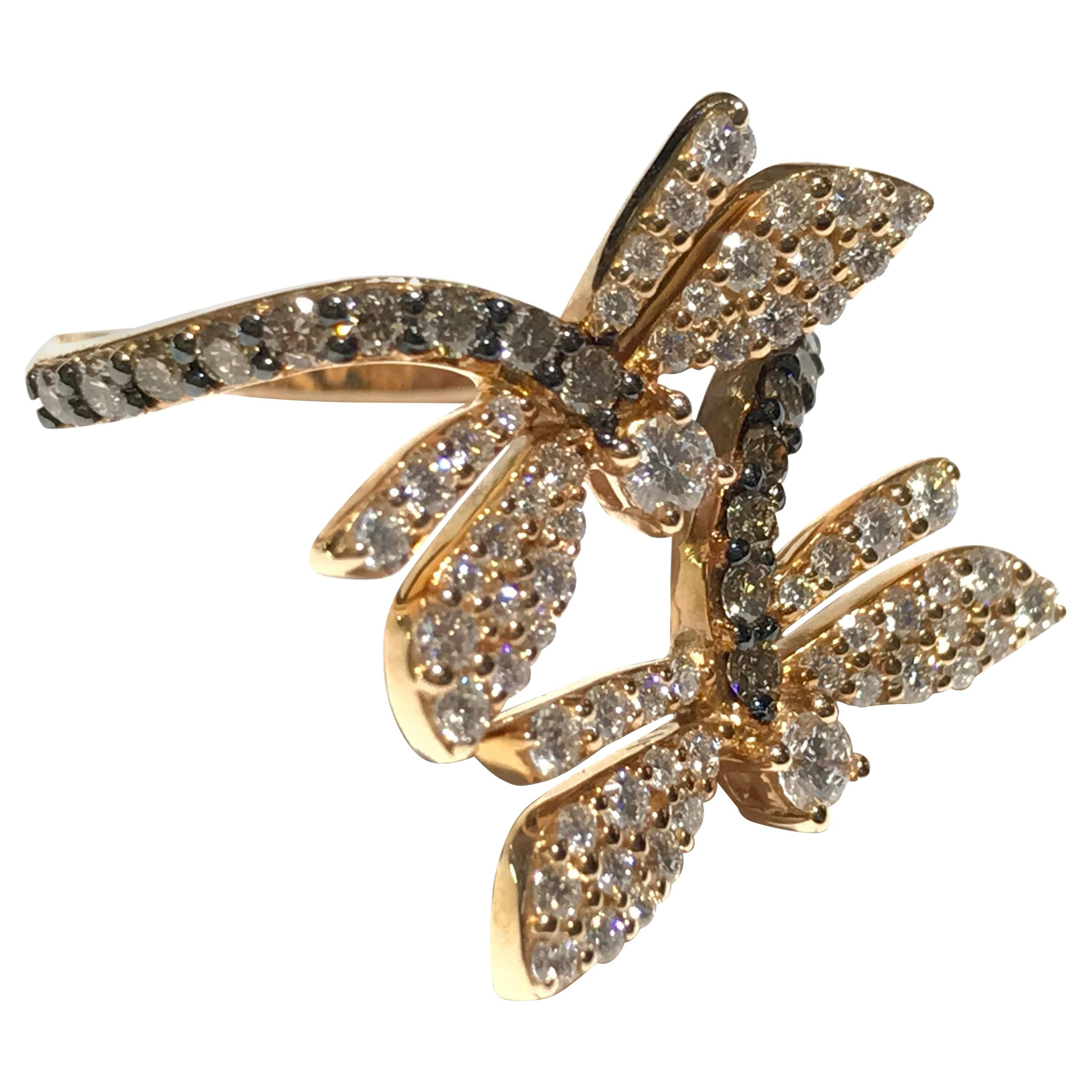 MIMI Milano Dragonfly Ring in 18 Carat P/G with White and Champagne Diamonds  For Sale