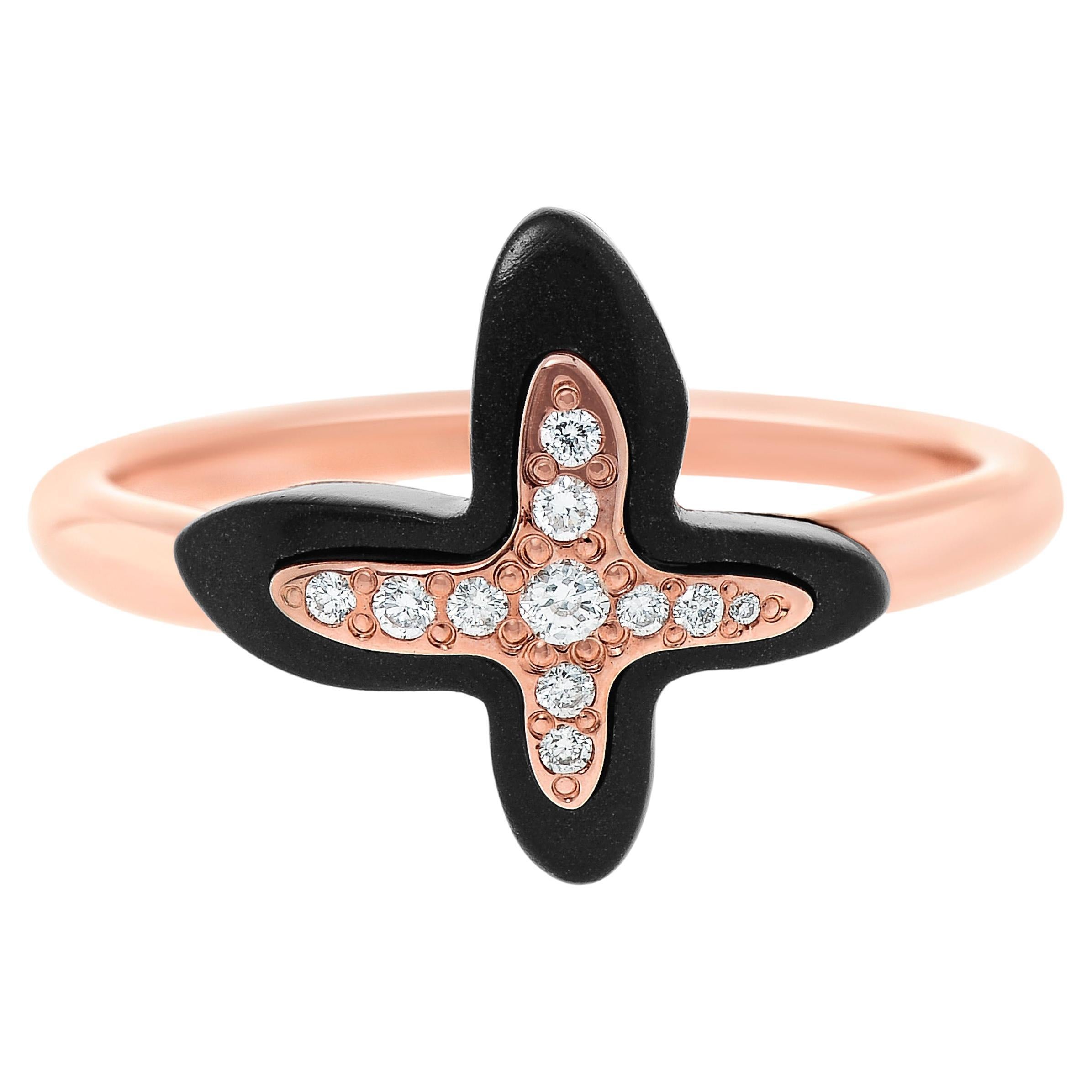 Mimi Milano Freevola 18K Rose Gold, Diamond and Onyx Ring sz 7.25 For Sale
