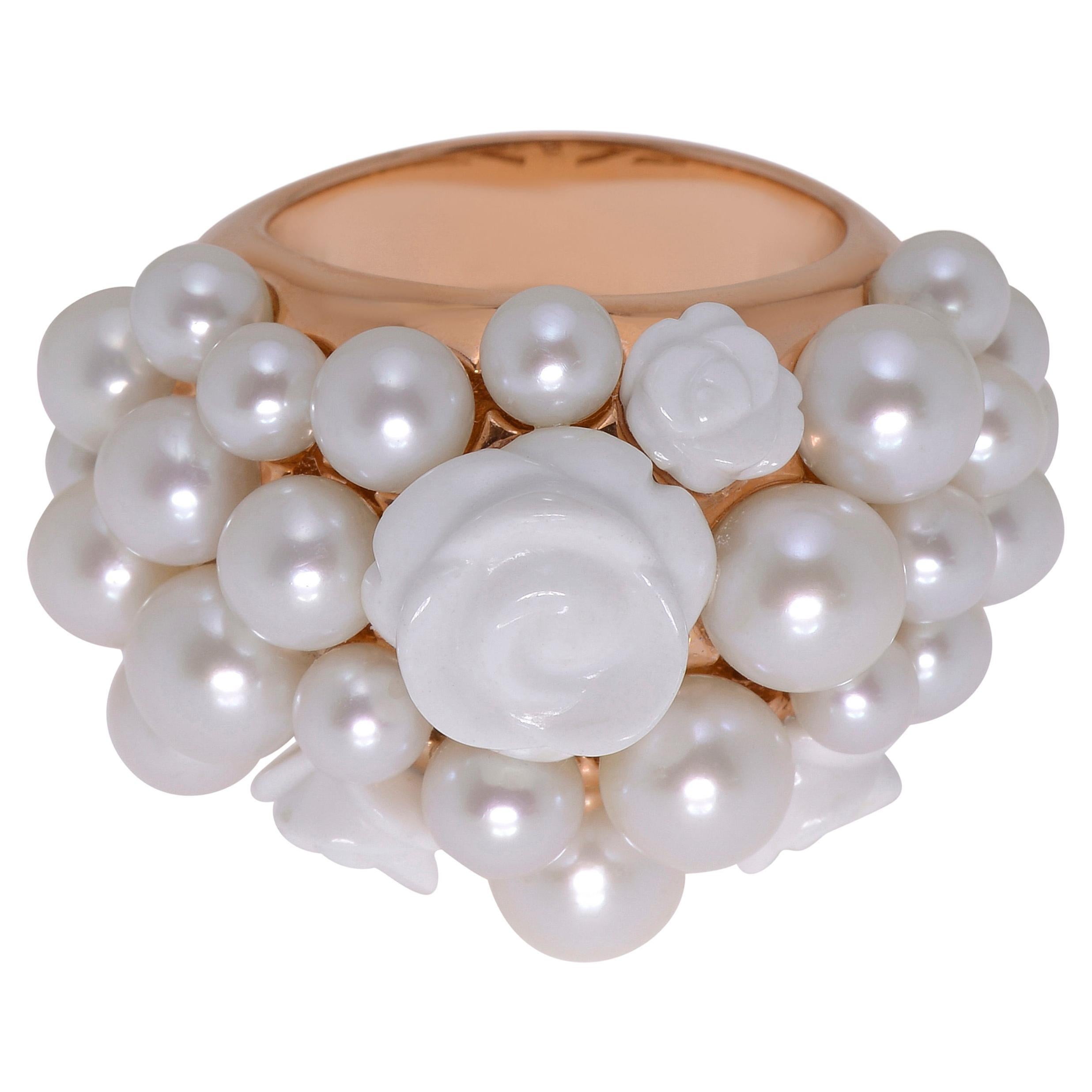 Bague Grace Mimi Milano en or rose 18 carats, agate et perles, taille 7,75