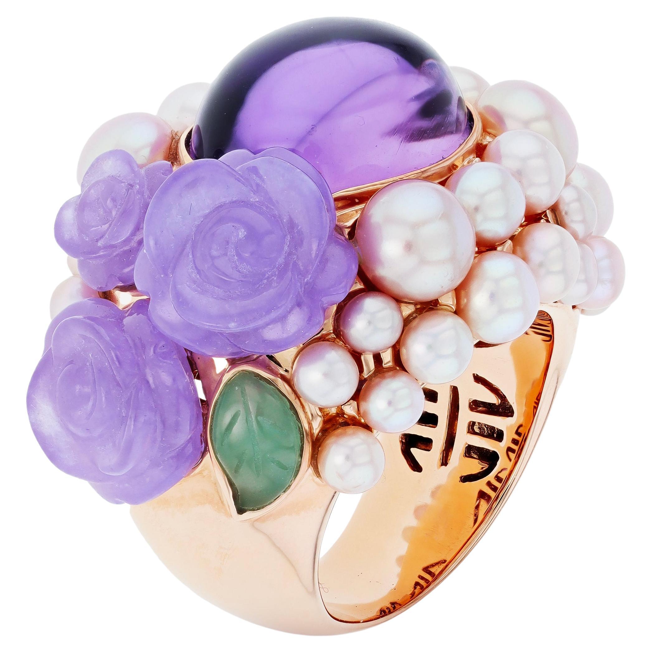 Mimi Milano Grace 18K Rose Gold, Amethyst & Pearl Ring sz 8.5 For Sale