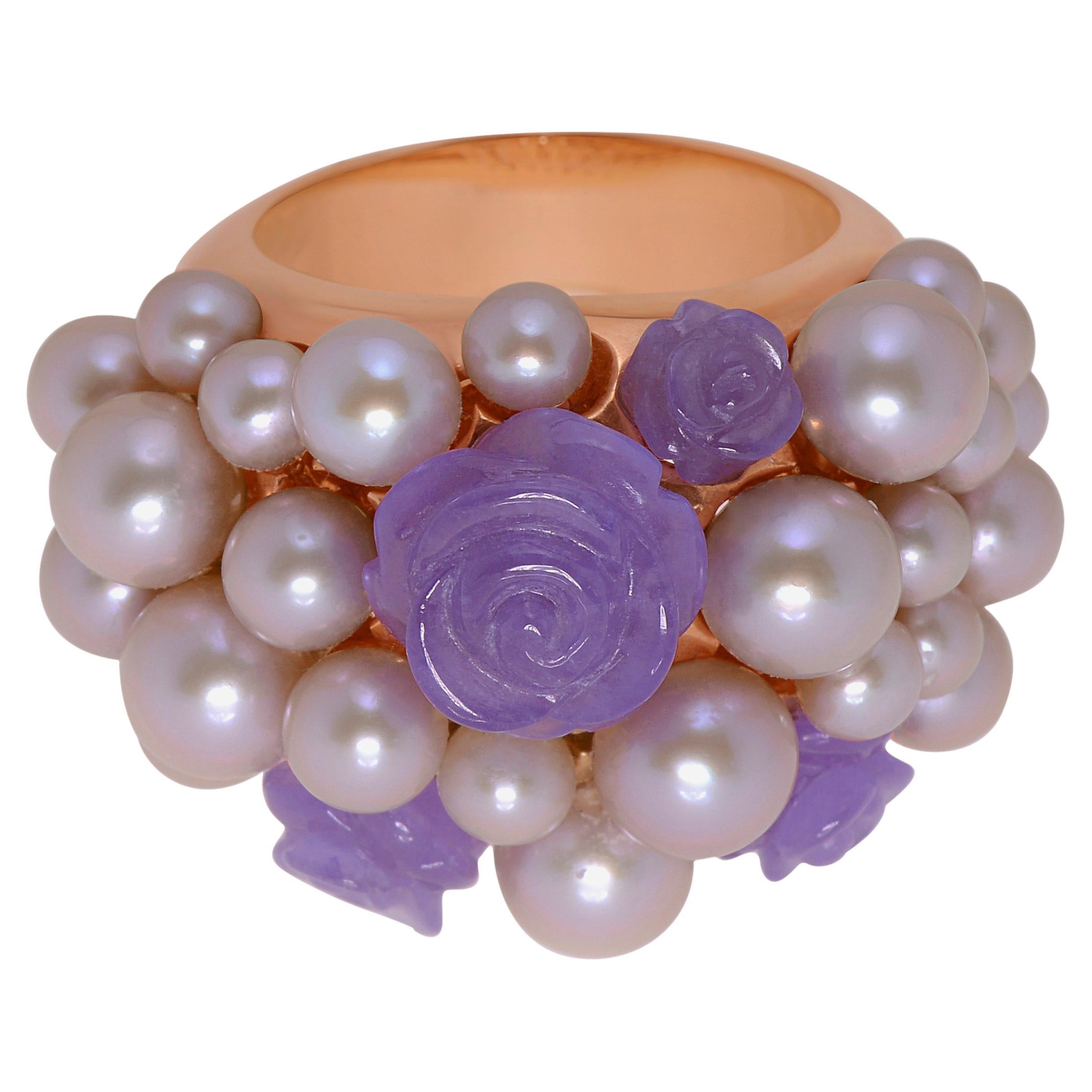 Mimi Milano Grace 18K Rose Gold, Lavender Jade and Pearl Ring sz 7 For Sale