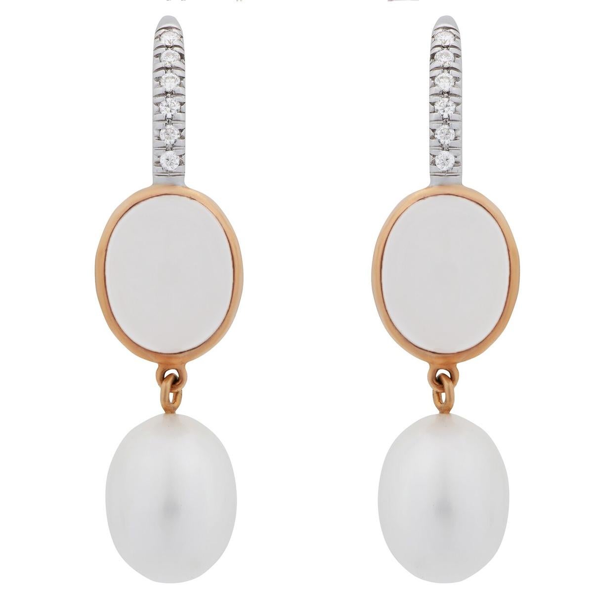 Mimi Milano Milky Quartz Pearl Diamond Gold Earrings In New Condition In Feasterville, PA