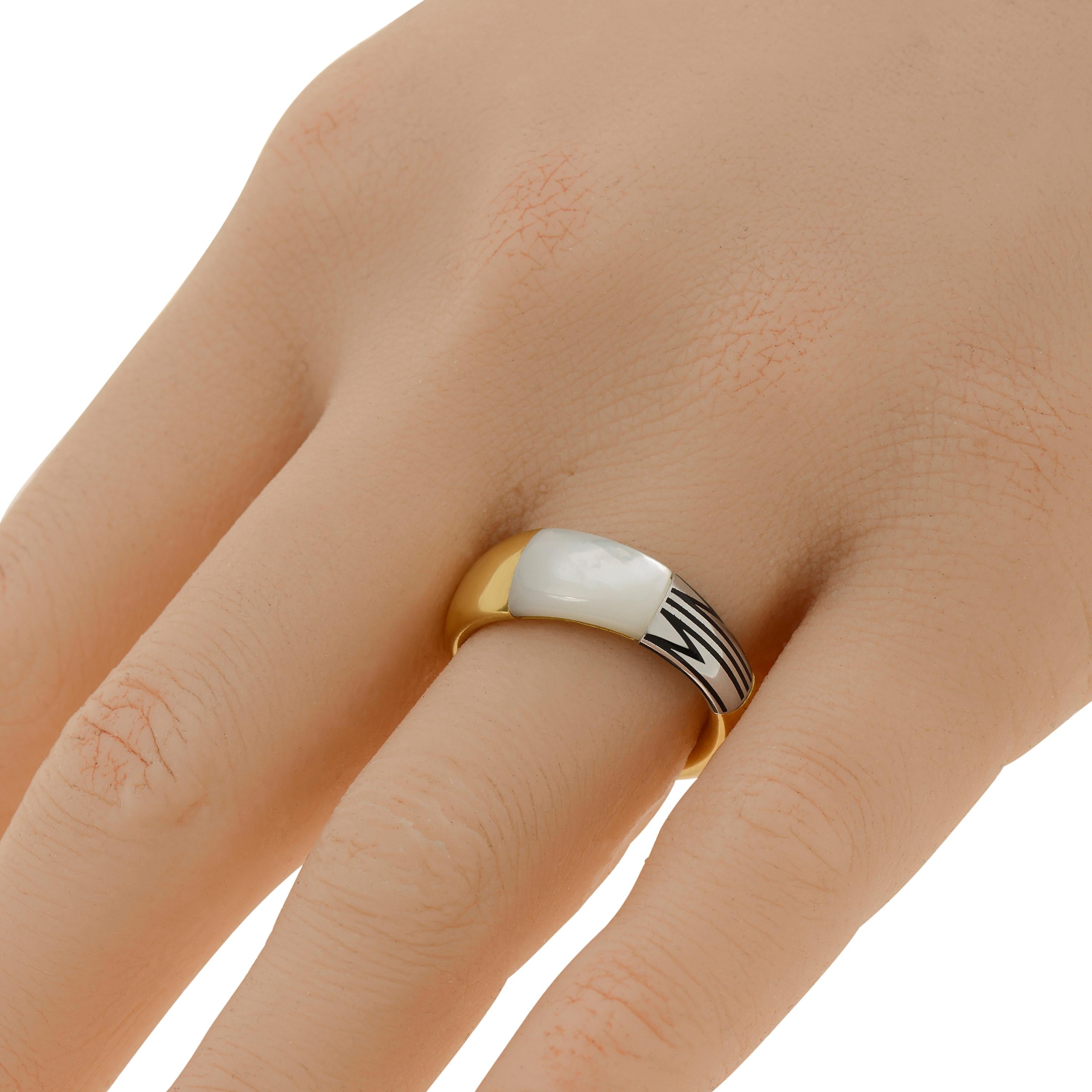 Mimi Milano 18K yellow gold and 18K white gold band ring features an elegant combination on 18K Yellow and white gold and Mother of pearl with letter 