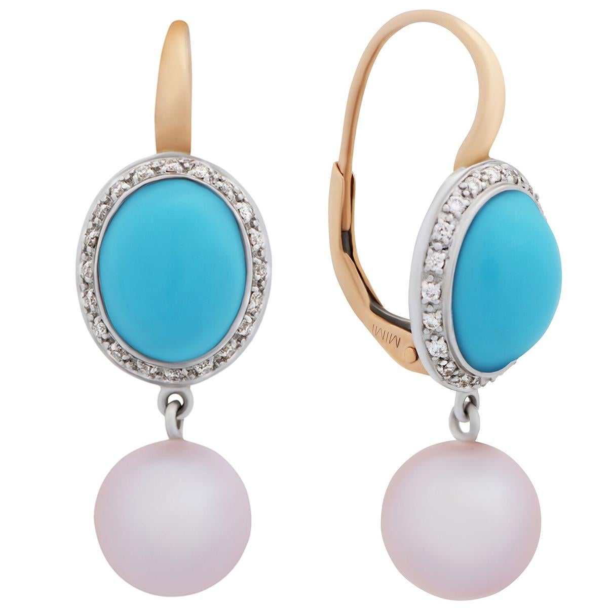 A fabulous pair of Mimi Milano earrings featuring 5.10cts of turquoise, complemented by 8mm freshwater pearls in 18k white gold and rose gold.