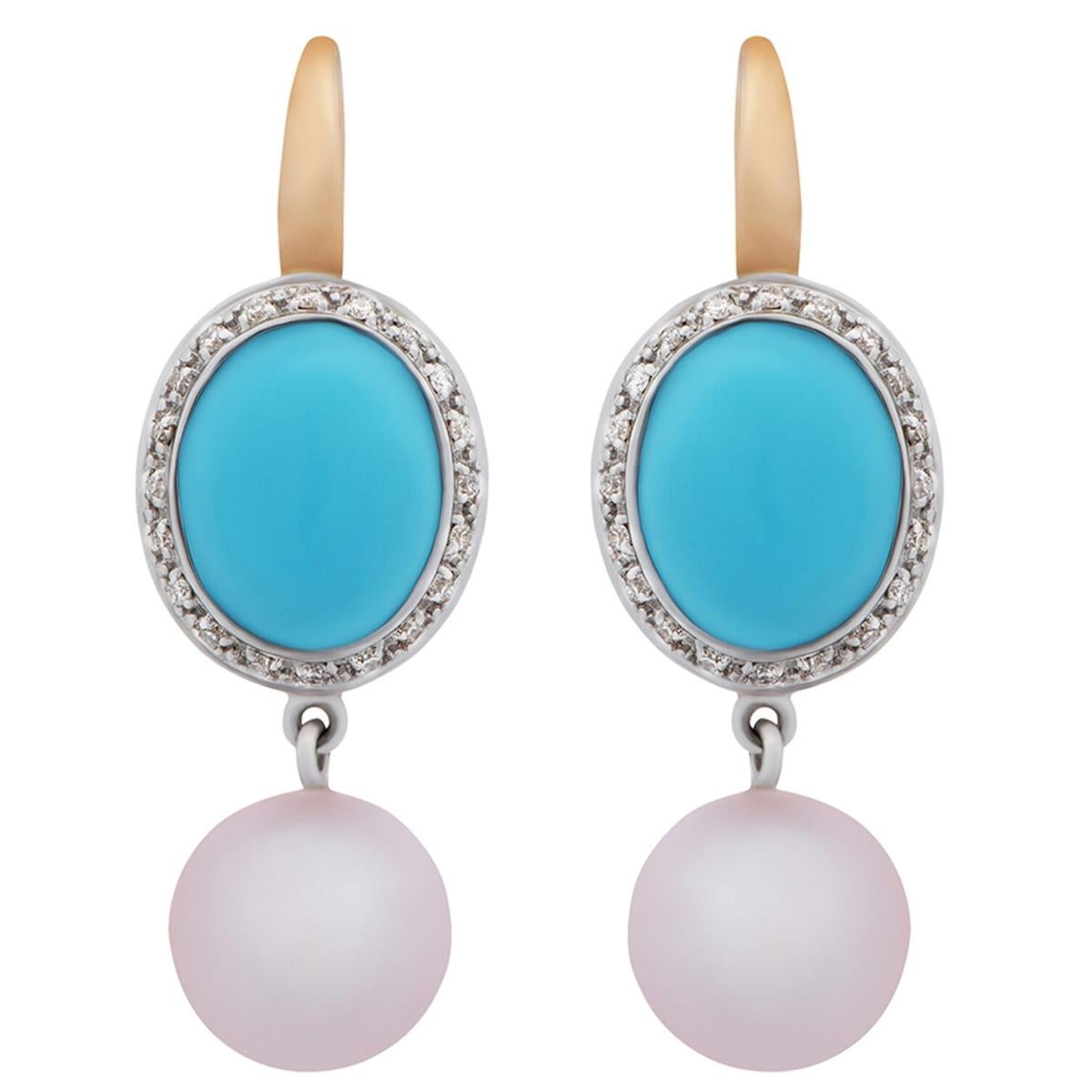 Mimi Milano Turquoise Pearl Diamond Gold Earrings For Sale