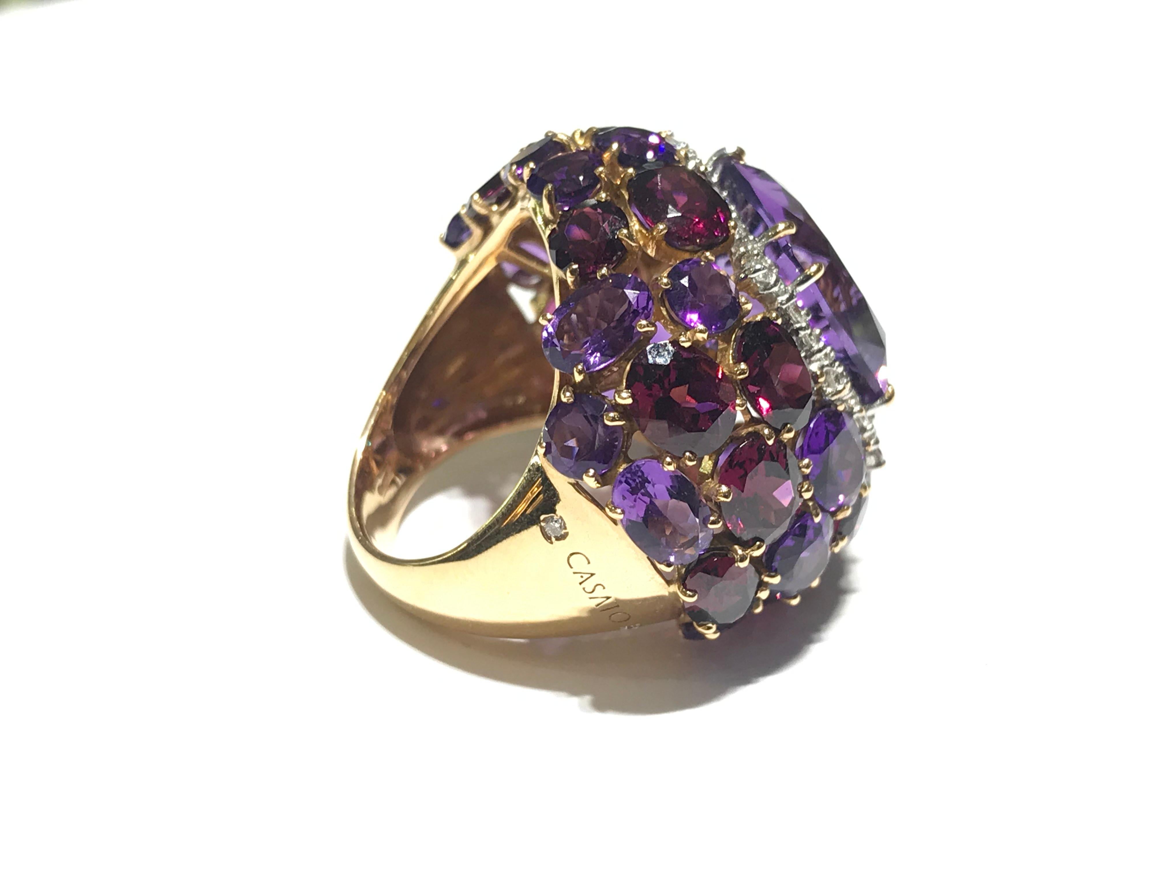 MIMI purple Amethyst Cocktail ring in 18kt pink gold and diamond halo
0.53 ct white diamond Halo 
Amethyst stone Cocktail ring
18kt pink gold 
