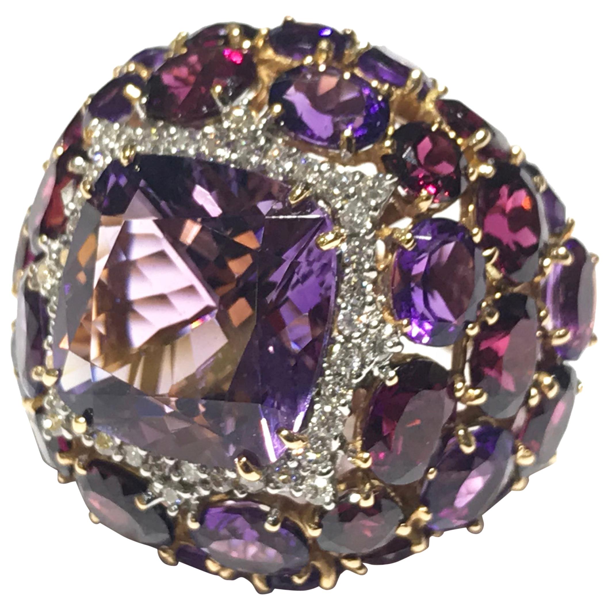 Mimi Purple Amethyst Cocktail Ring in 18 Karat Pink Gold and Diamond Halo For Sale
